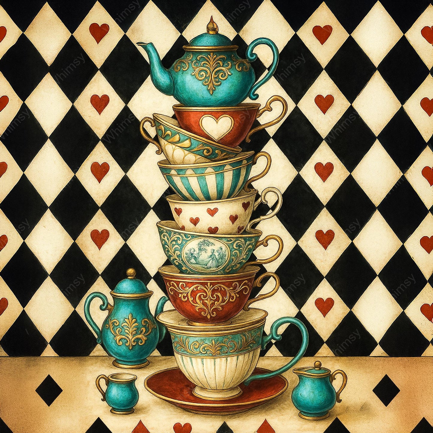 Alice-inspired tea party design showing tumbling cups and a bold teapot, captured in a colorful vintage illustration style.