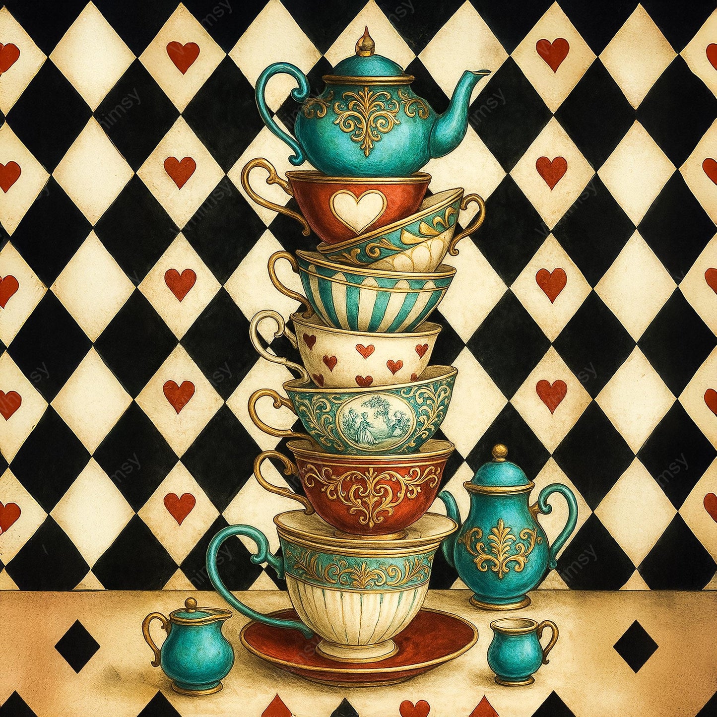 Whimsical Wonderland tea party artwork featuring ornate cups, a teapot, and playful heart details, perfect for decoupage projects.