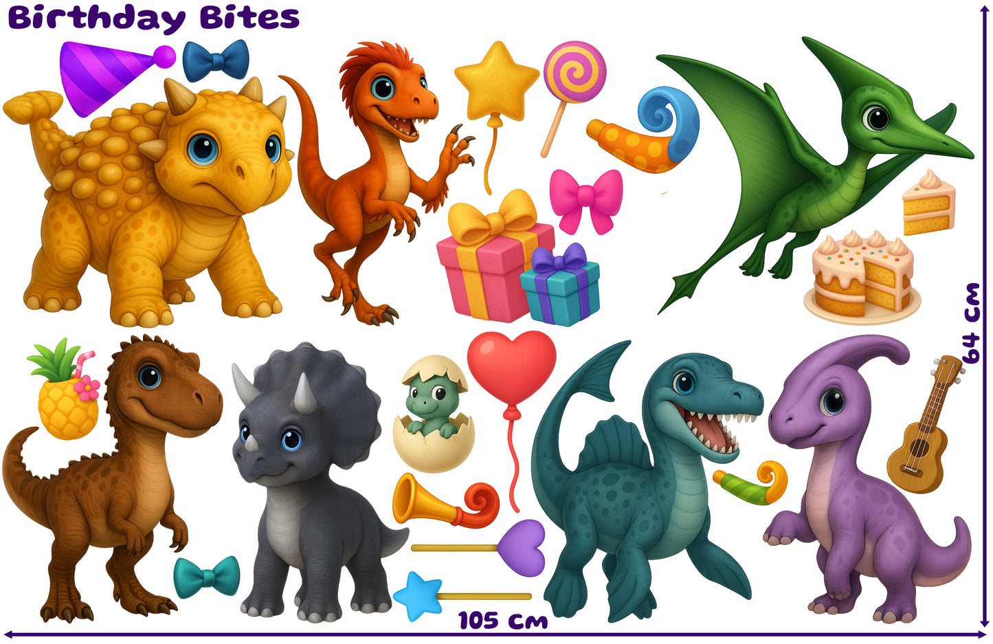 Sticker sheet set with party-themed dinosaurs in sculpted pastel style, surrounded by gifts, cake, musical instruments, and stars