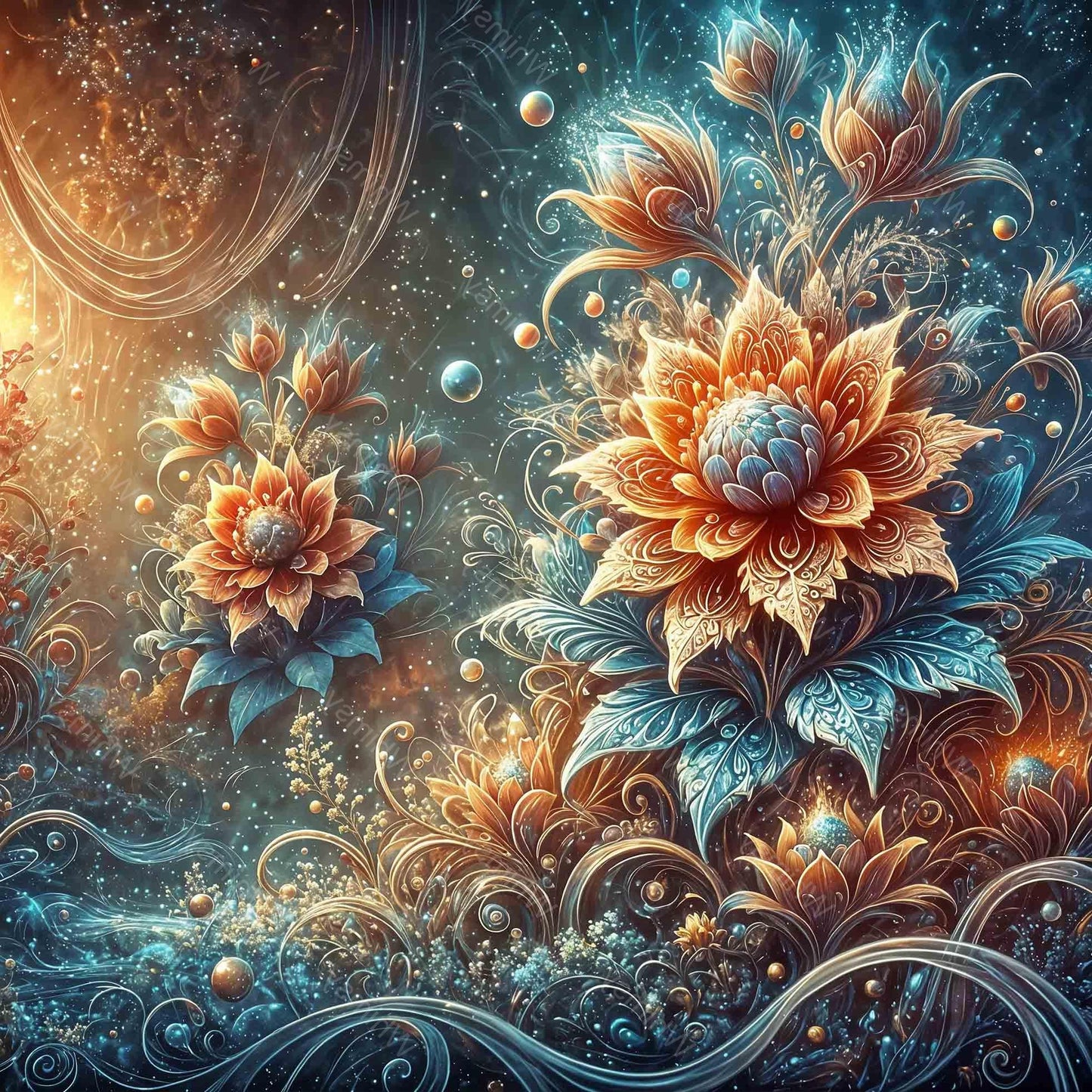 Elaborate floral design with celestial elements in a fantasy style