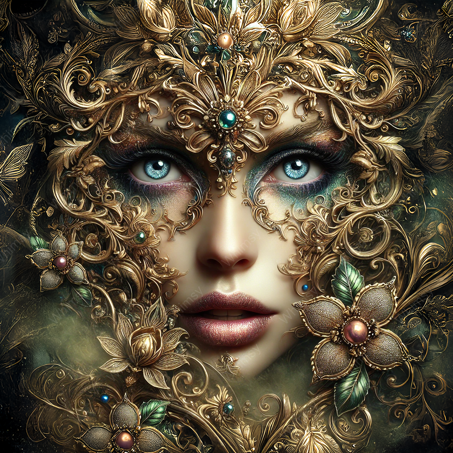 Calanthe, a baroque-inspired gilded portrait with golden floral details and ethereal eyes, perfect for luxury decoupage projects.