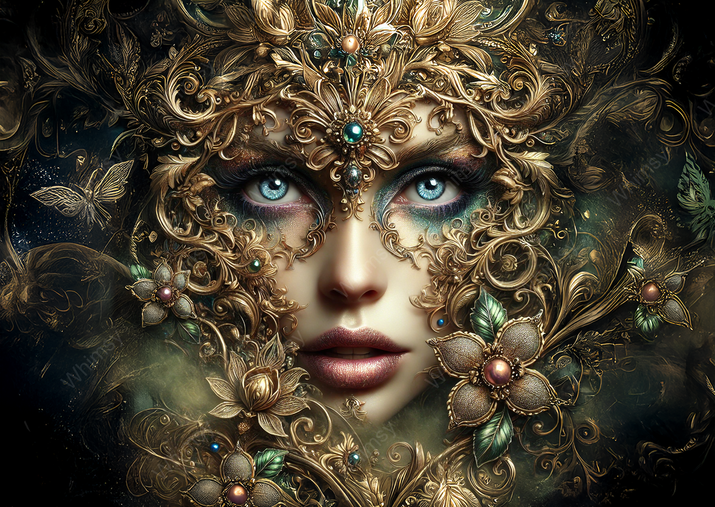 Detailed decoupage design of Calanthe with intricate golden blossoms, ornate textures, and a serene moonlit face.