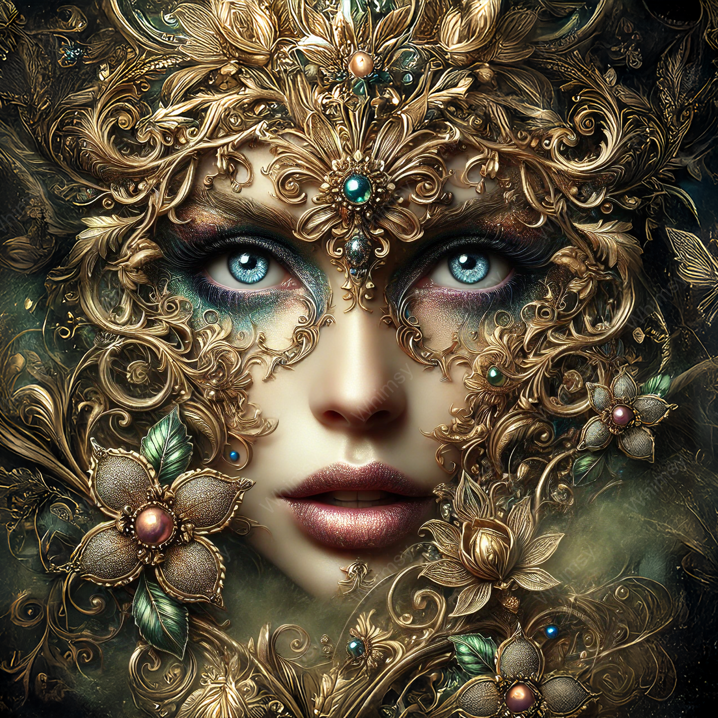 Calanthe, the Gilded Enigma, surrounded by shimmering flowers and baroque patterns on rich premium mulberry paper.