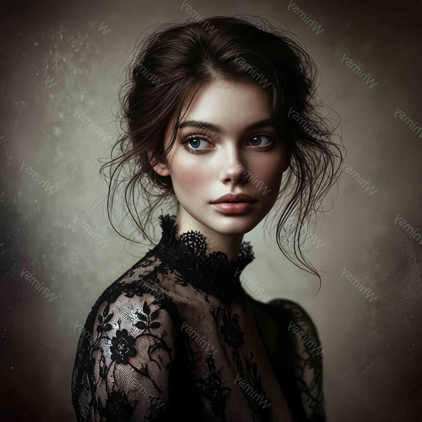 Mysterious feminine portrait with romantic black lace textures, soft painterly tones, and a captivating gaze, perfect for crafting heirloom-quality pieces.