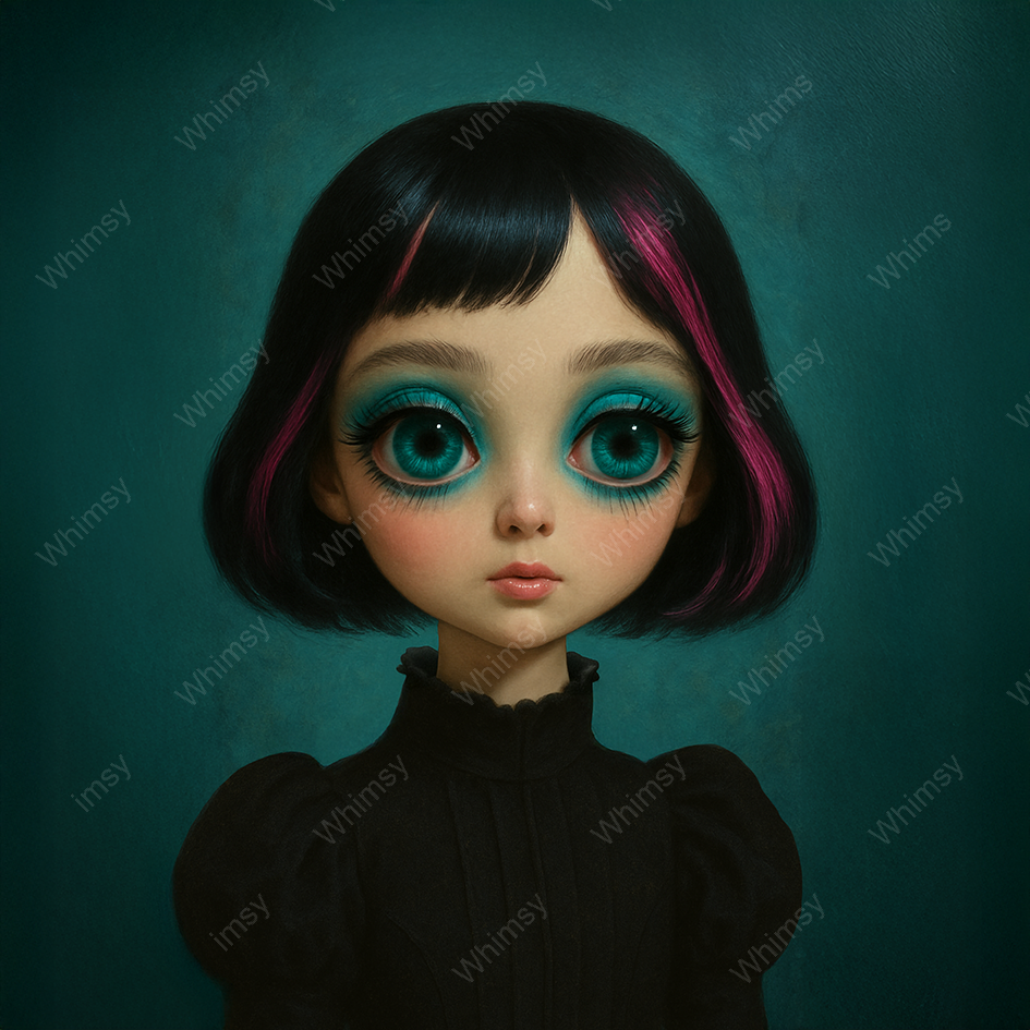 Cosette gothic doll art print with large teal eyes and black-pink hair, soft surreal pop-art style