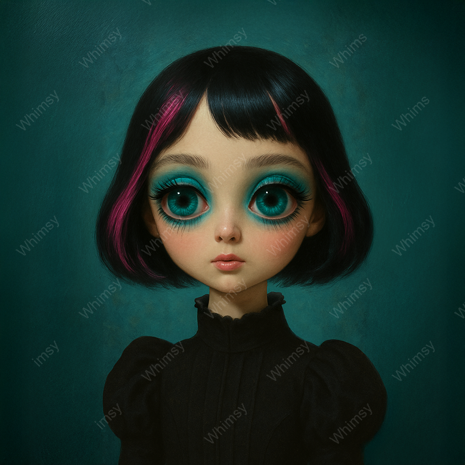 Illustration of a character with large eyes and a black outfit on a teal background
