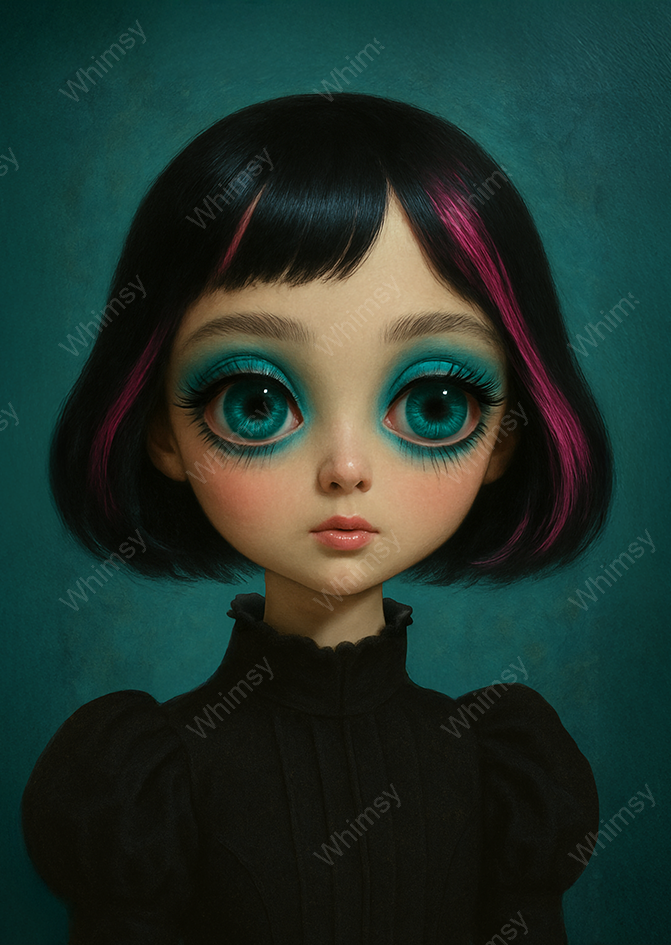 Illustration of a character with large eyes and a black outfit against a teal background