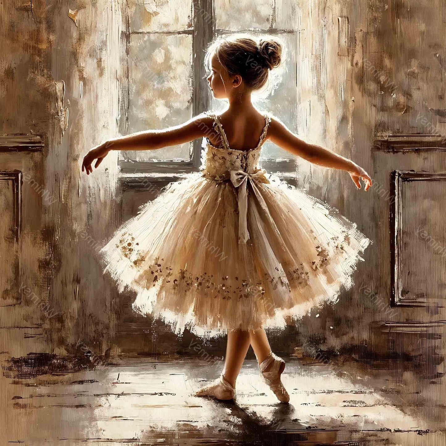 A delicate little ballerina in a soft ivory tutu dances in a sunlit room, her tiny silhouette glowing in warm golden light—perfect for vintage-style decoupage, dreamy wall art, and elegant craft projects.