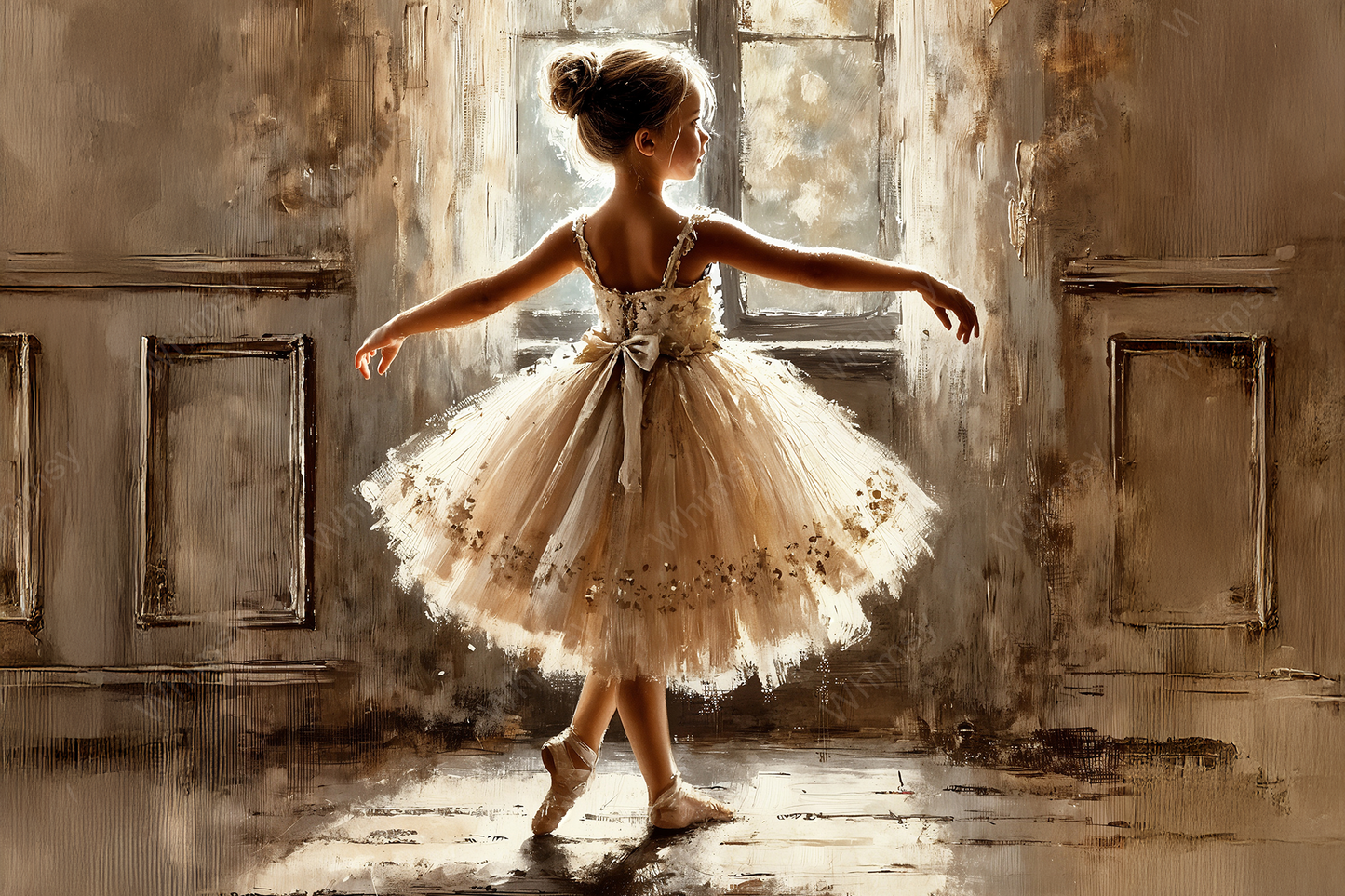 Young ballerina poised on tiptoes in an old studio, light cascading through weathered windows, ideal for romantic DIY upcycling, furniture décor, or whimsical keepsake boxes.