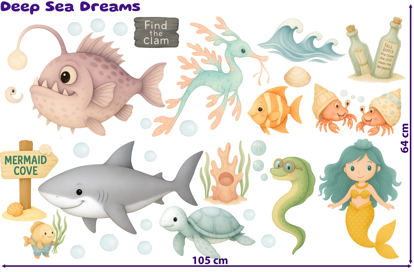 Sticker sheet featuring ocean animals like a whale, jellyfish, octopus, pelican, and coral in soft drawn style printed on removable Phototex.
