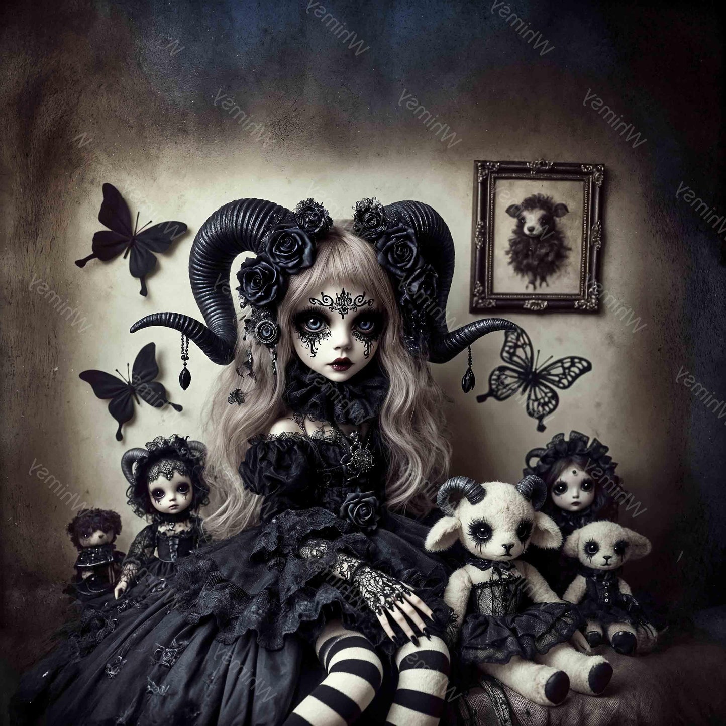 Eerie gothic doll artwork with Victorian elements, a cursed vibe, and dark moody tones, perfect for gothic home decor and dramatic decoupage transformations.