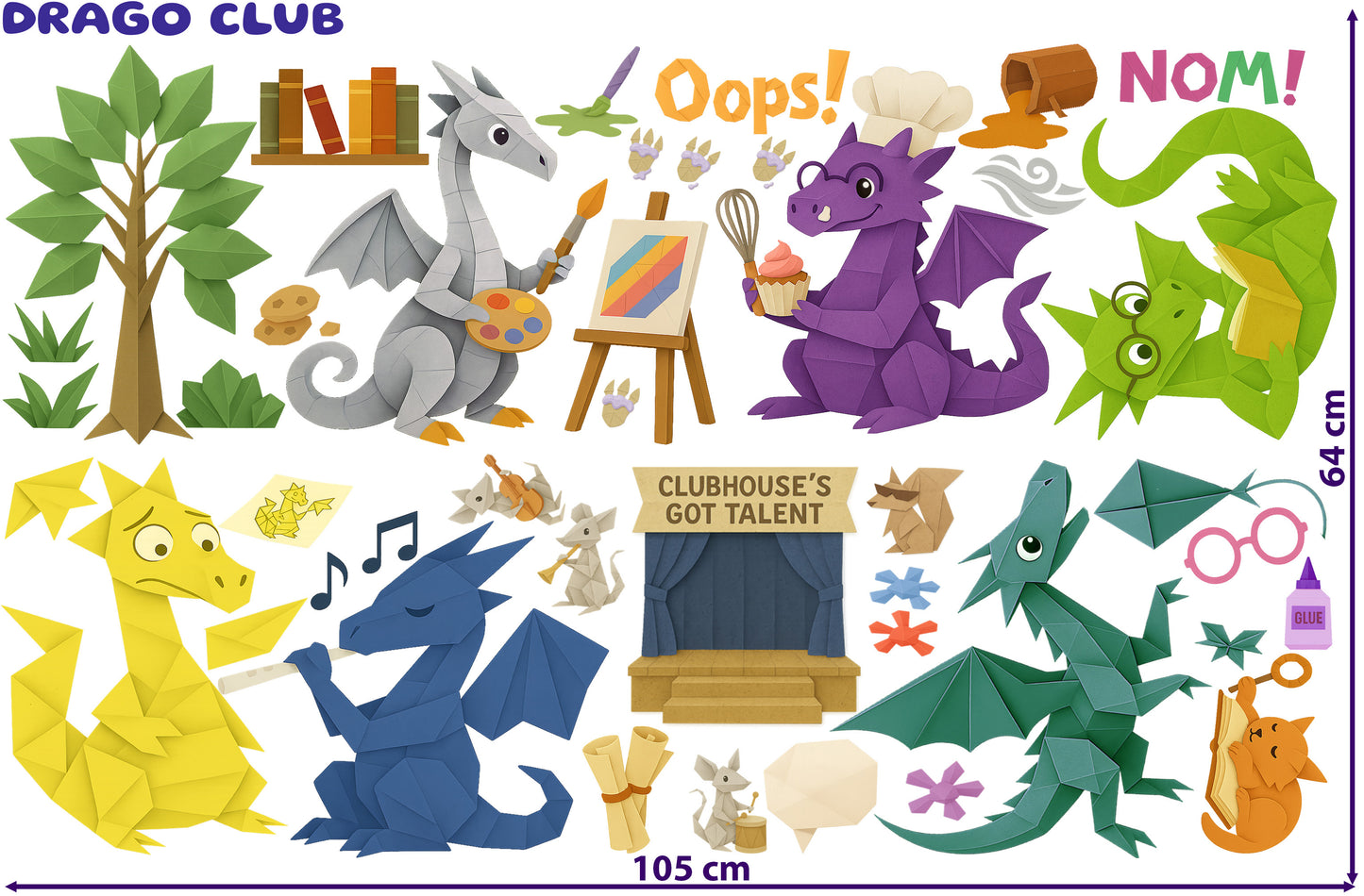 Sticker set from the Dragon Club collection showing creative dragons with props like paintbrushes, cupcakes, magnifying glasses, and spilled barrels