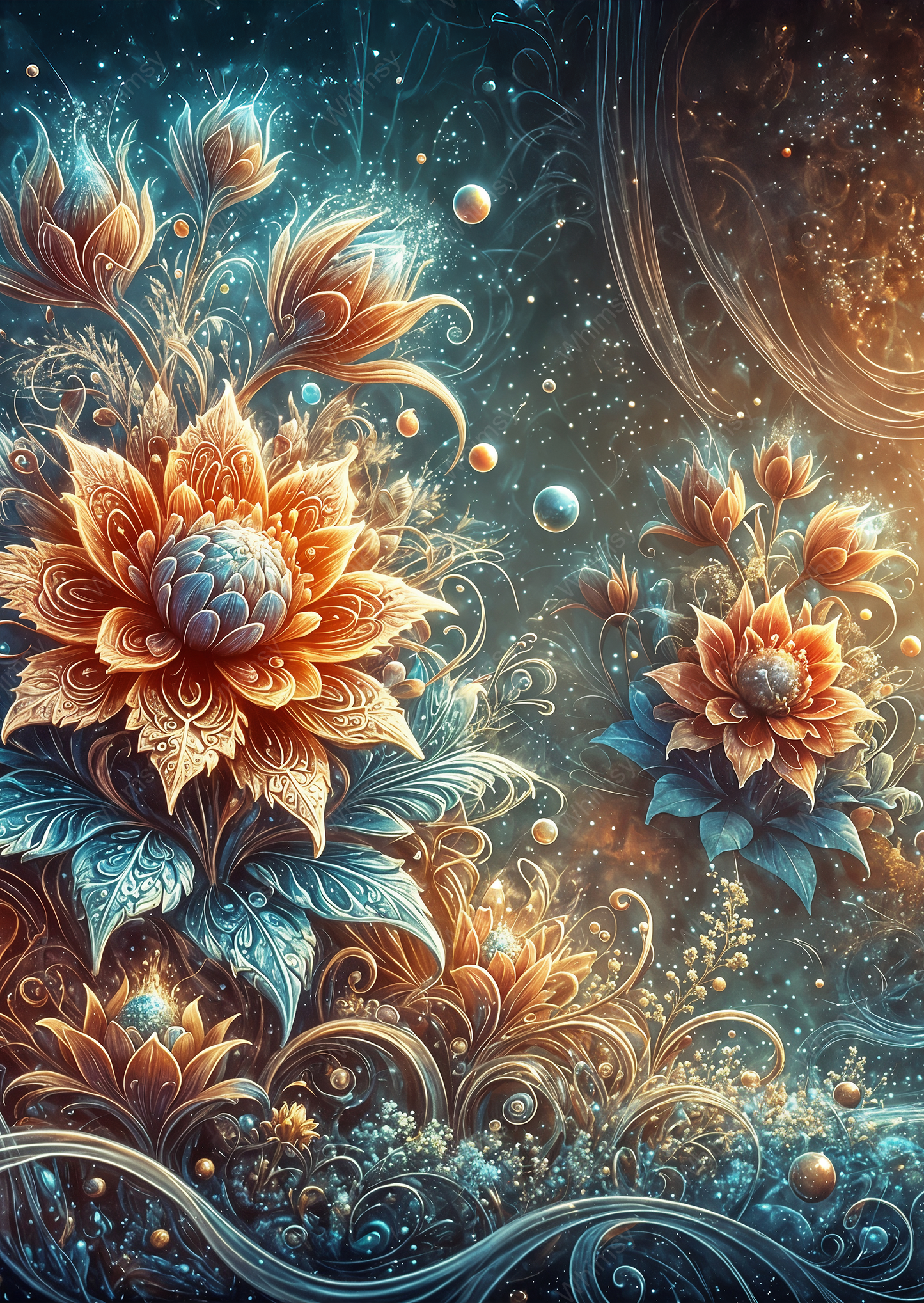 Celestial Bloom landscape orientation fine art print, glowing golden blossoms and swirling fantasy details in deep blue galaxy tones.