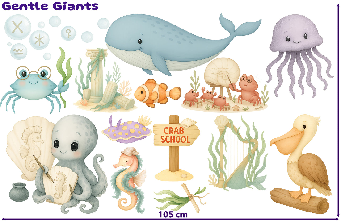 Sticker sheet with playful marine creatures including dolphins, crabs, hammerhead shark, and coral reef props in soft drawn style printed on removable Phototex.
