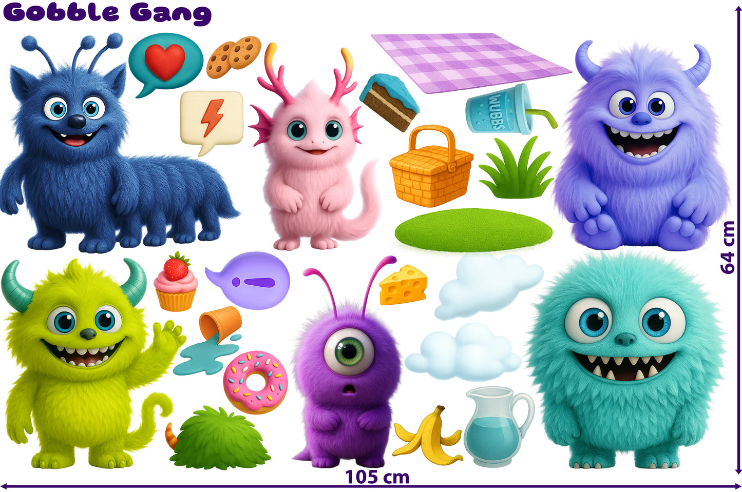 Two large sticker sheets featuring a full set of Monster Mix characters, including fuzzy creatures, googly eyes, horns, and snack-themed props