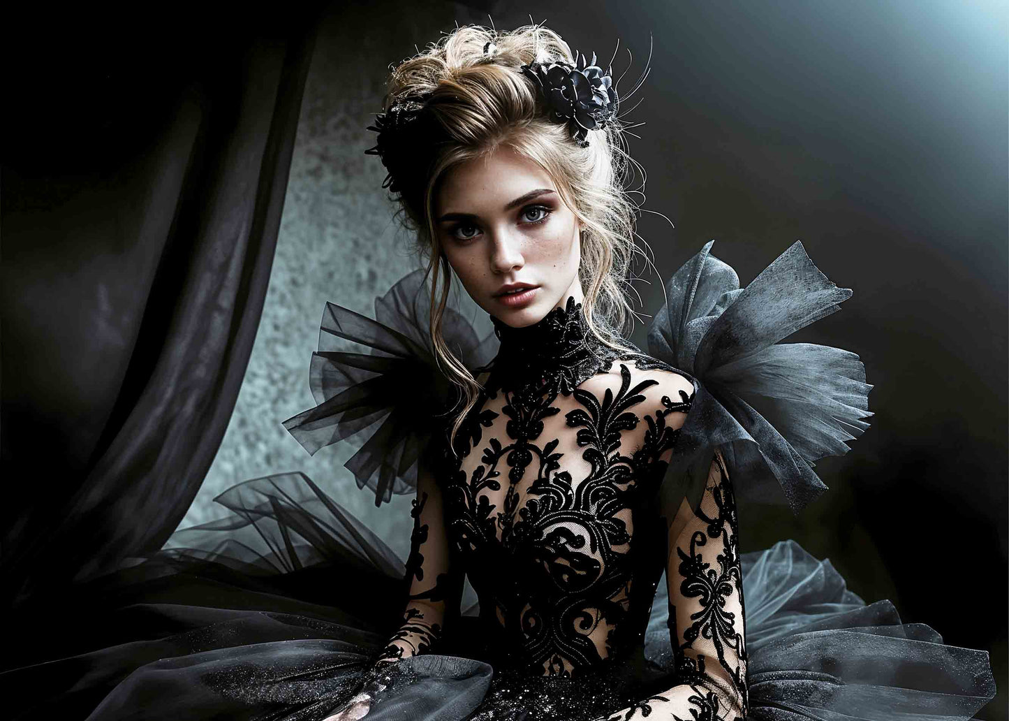 High-fashion gothic girl with sheer lace dress and oversized tulle details, styled for hauntingly romantic print design