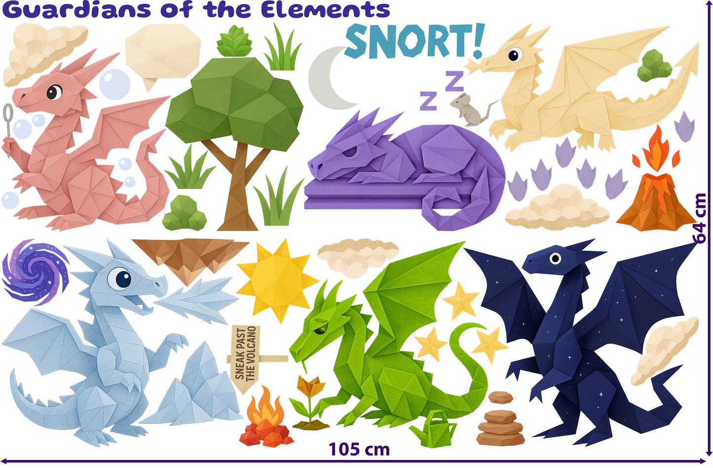 Sticker sheet from the Guardians of the Elements set, featuring elemental dragons themed around fire, forest, water, and wind with props like crystals, scrolls, and a volcano.