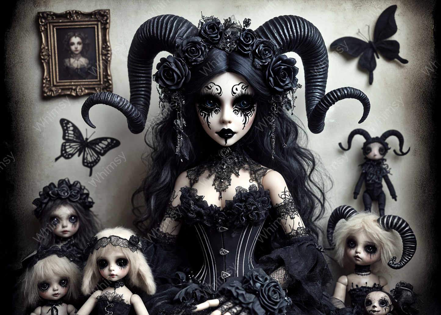 Victorian gothic character art with haunted doll motif, ideal for decoupage or moody decor