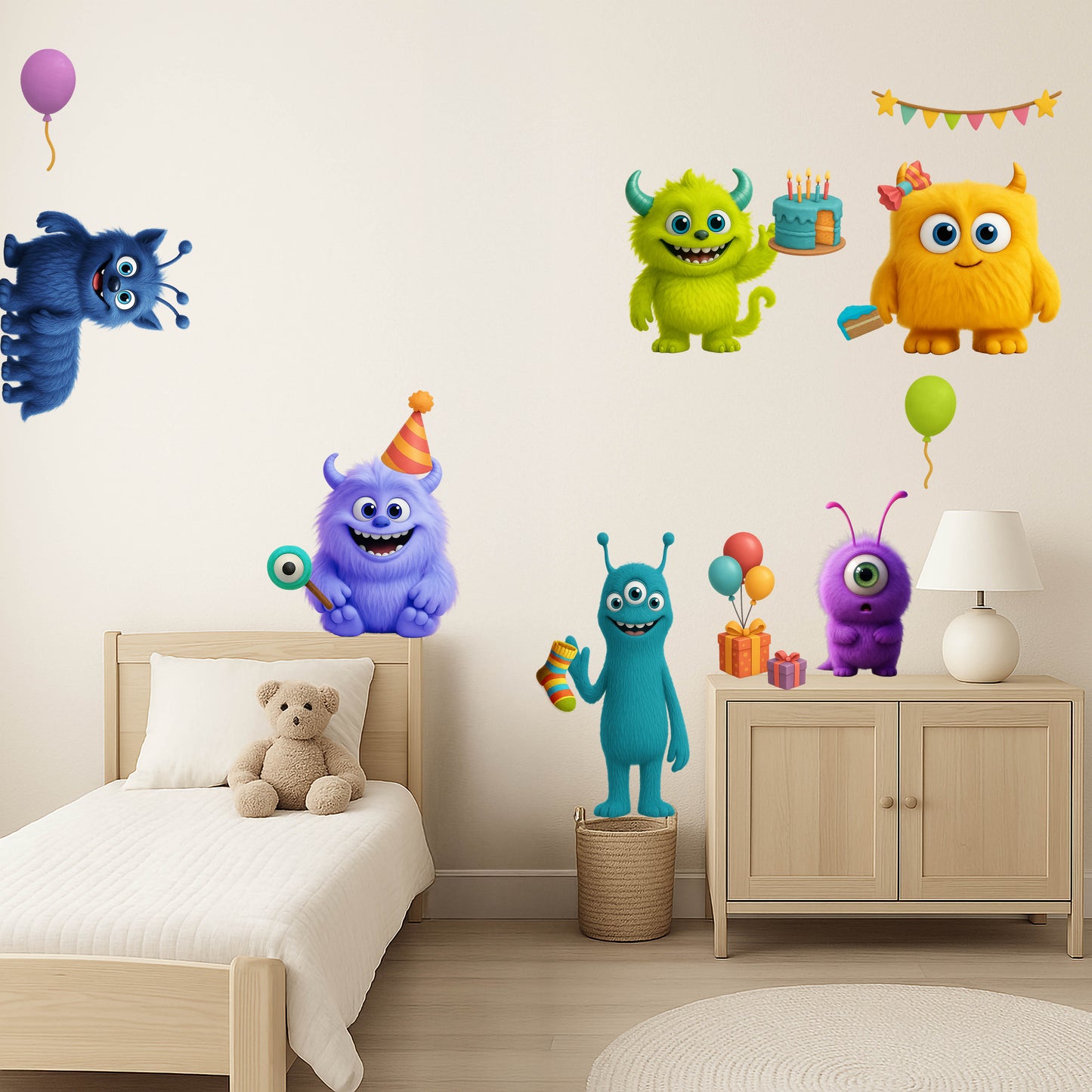 Room Mockup: Monster Mix wall stickers applied to a child’s room, featuring colourful monsters and playful accessories printed on Phototex.