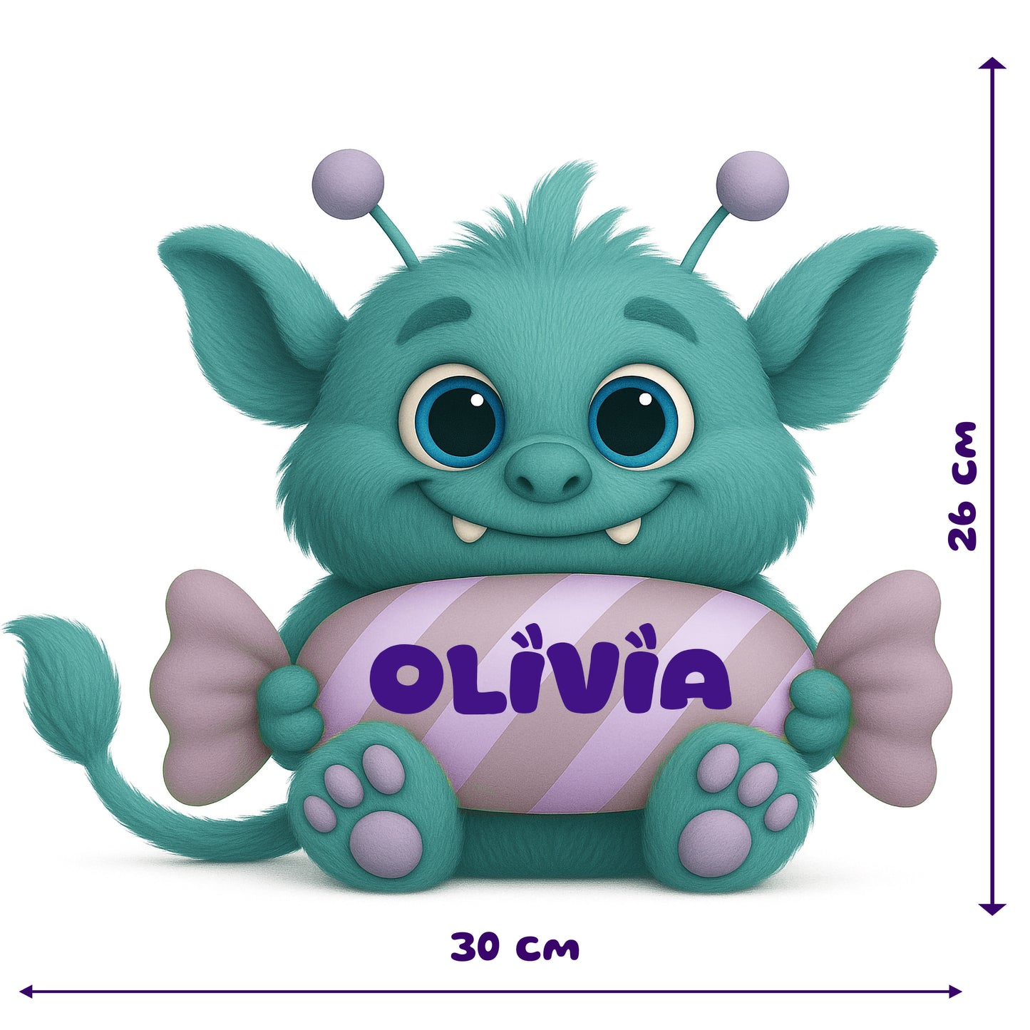 Cute teal monster holding candy with name on it.