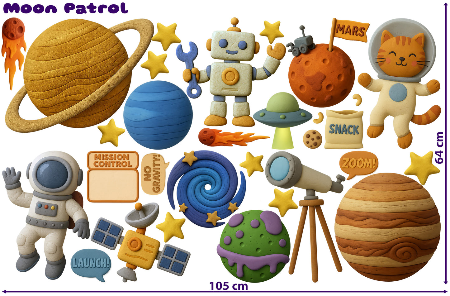 Full set of Up, Up Claystronauts stickers with planets, Claypup, rocket, and hand-sculpted moon character printed on removable Phototex.