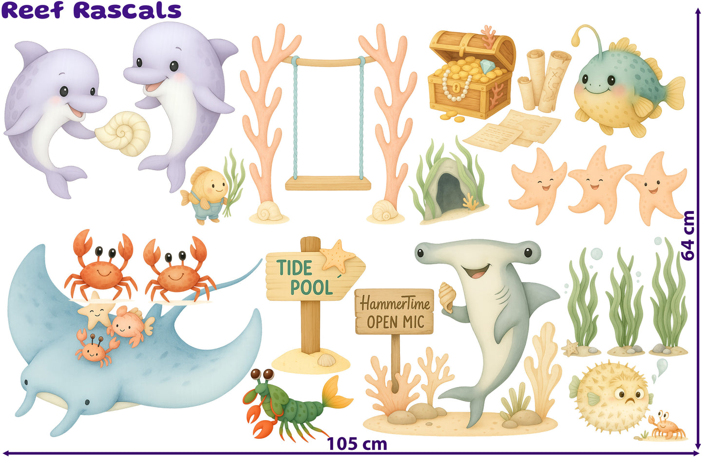 Sticker set showing mermaids, angler fish, seahorses, and mysterious sea creatures in a dreamy underwater theme in soft drawn style printed on removable Phototex.