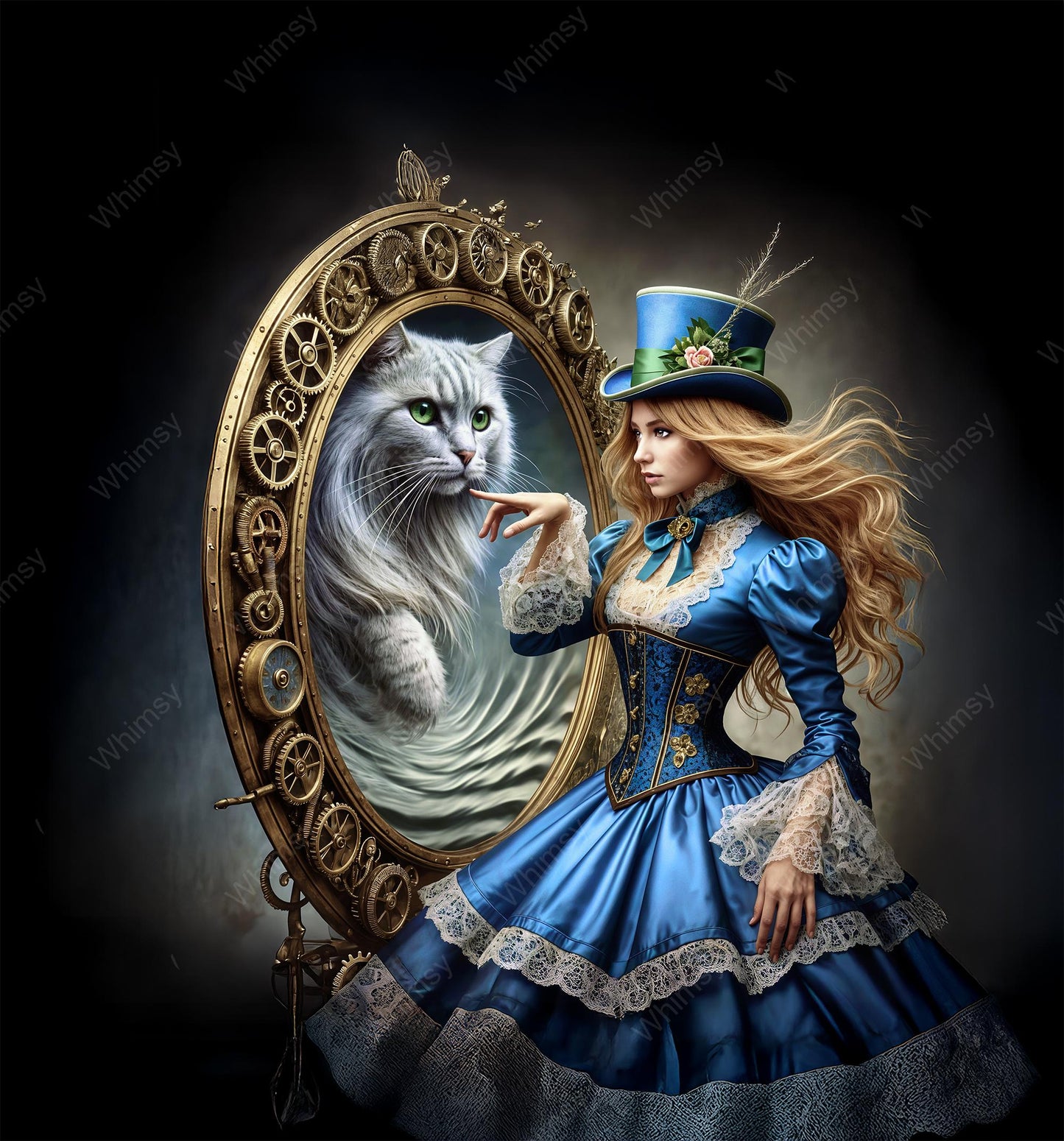 Whimsical Wonderland decoupage design – ornate mirror with mysterious cat and girl in blue top hat.