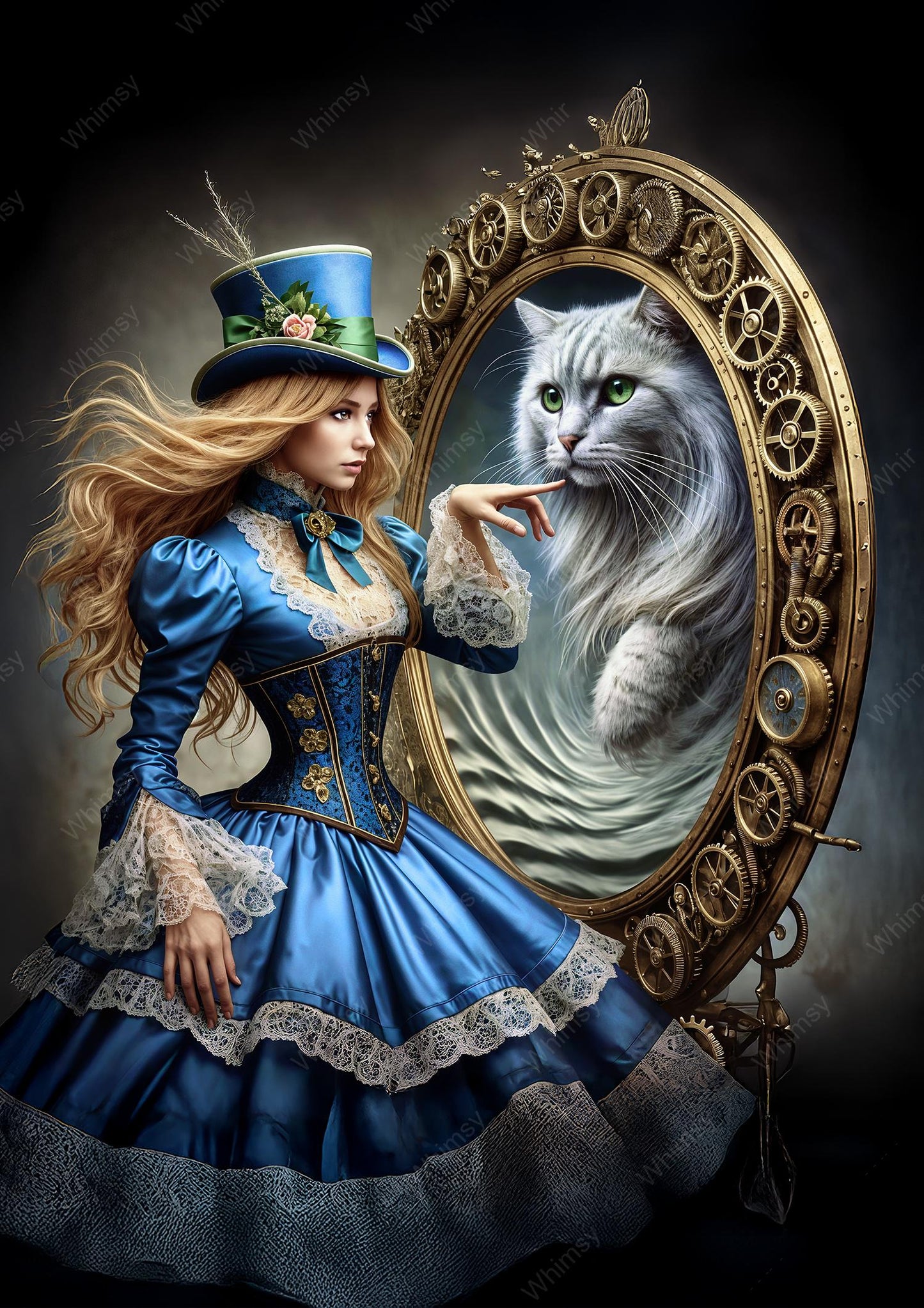 Alice in wonderland in a blue dress and top hat interacting with a cheshire cat in a mirror.