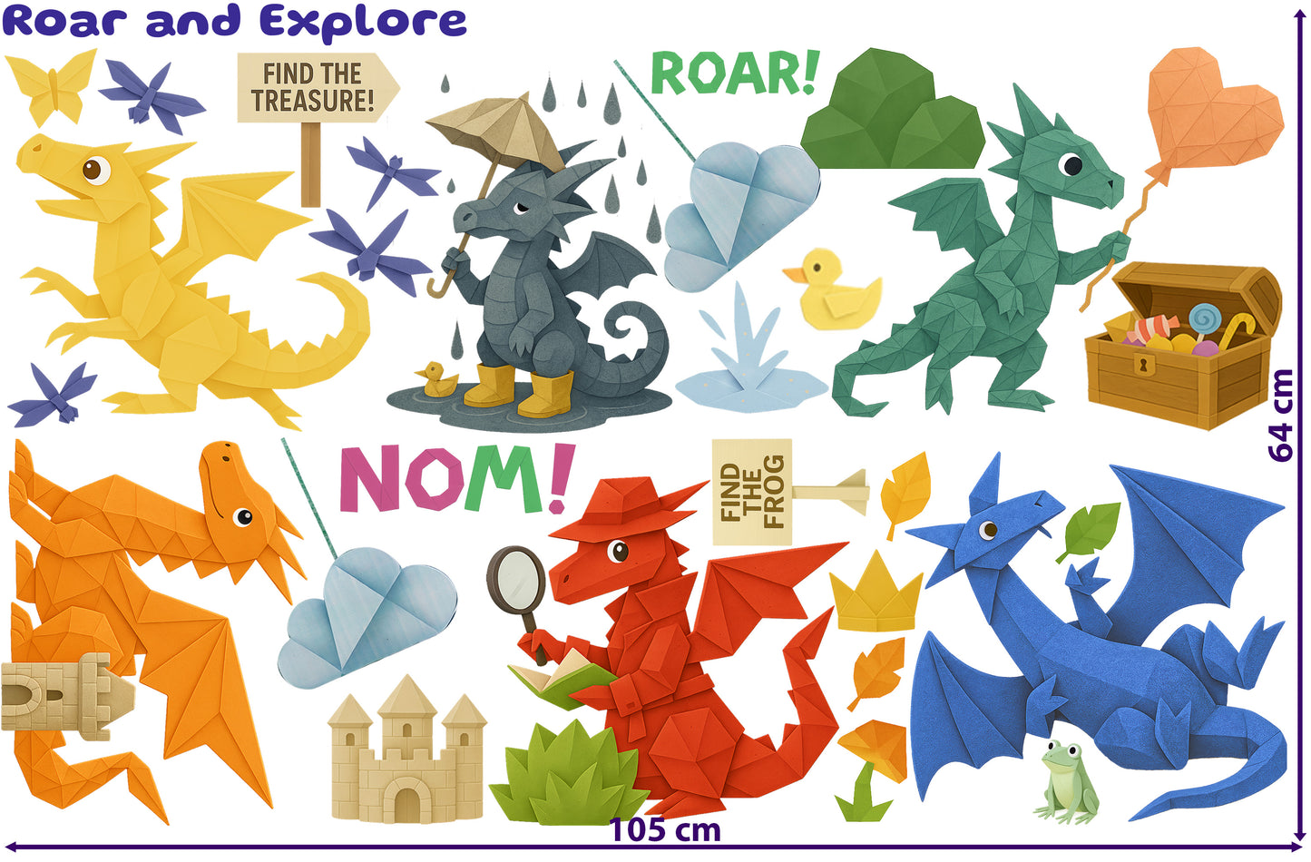Sticker sheet from the Roar and Explore set showing adventurous dragons playing with sandcastles, shouting 'ROAR!', flying with treasure maps, and causing fun chaos