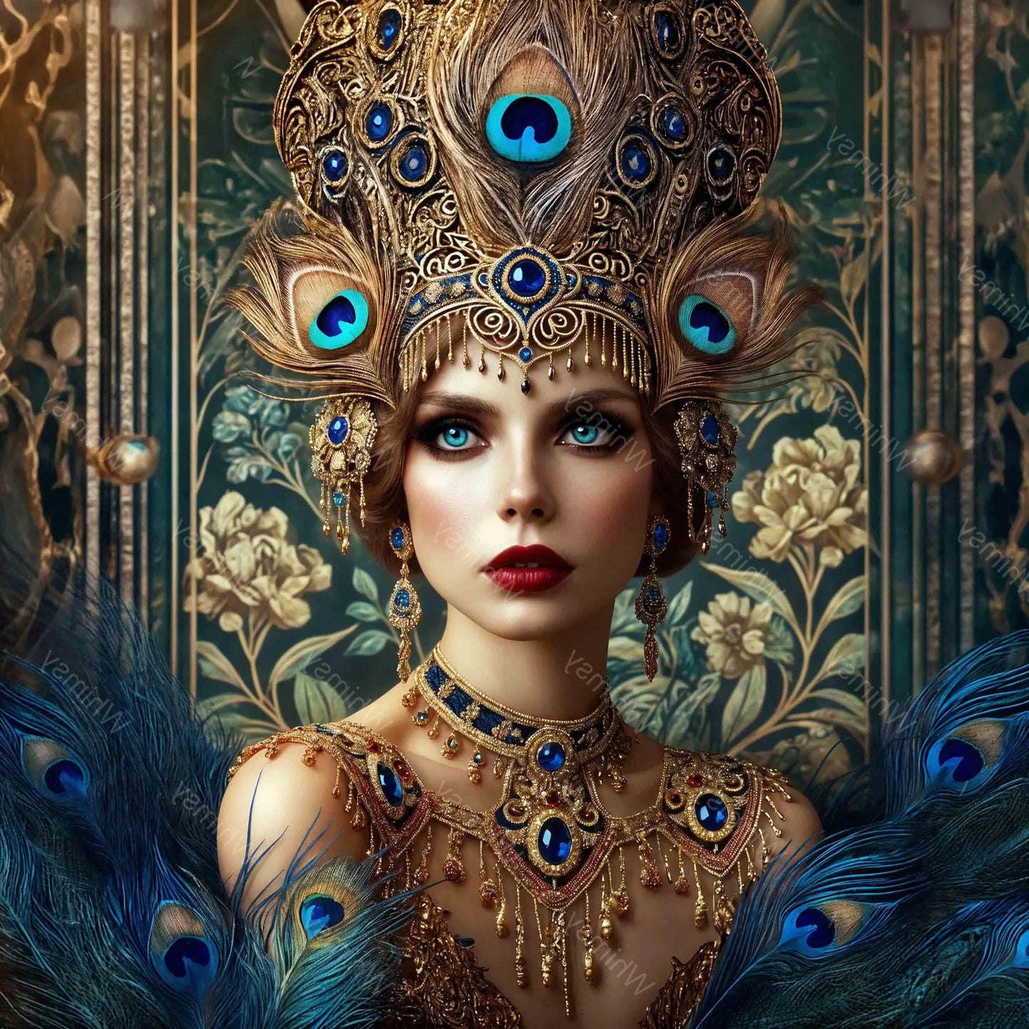 Stunning aristocratic woman in a richly detailed costume with peacock feathers, jewel tones, and a baroque-inspired background—perfect for upcycling, decoupage, and artistic transformations.