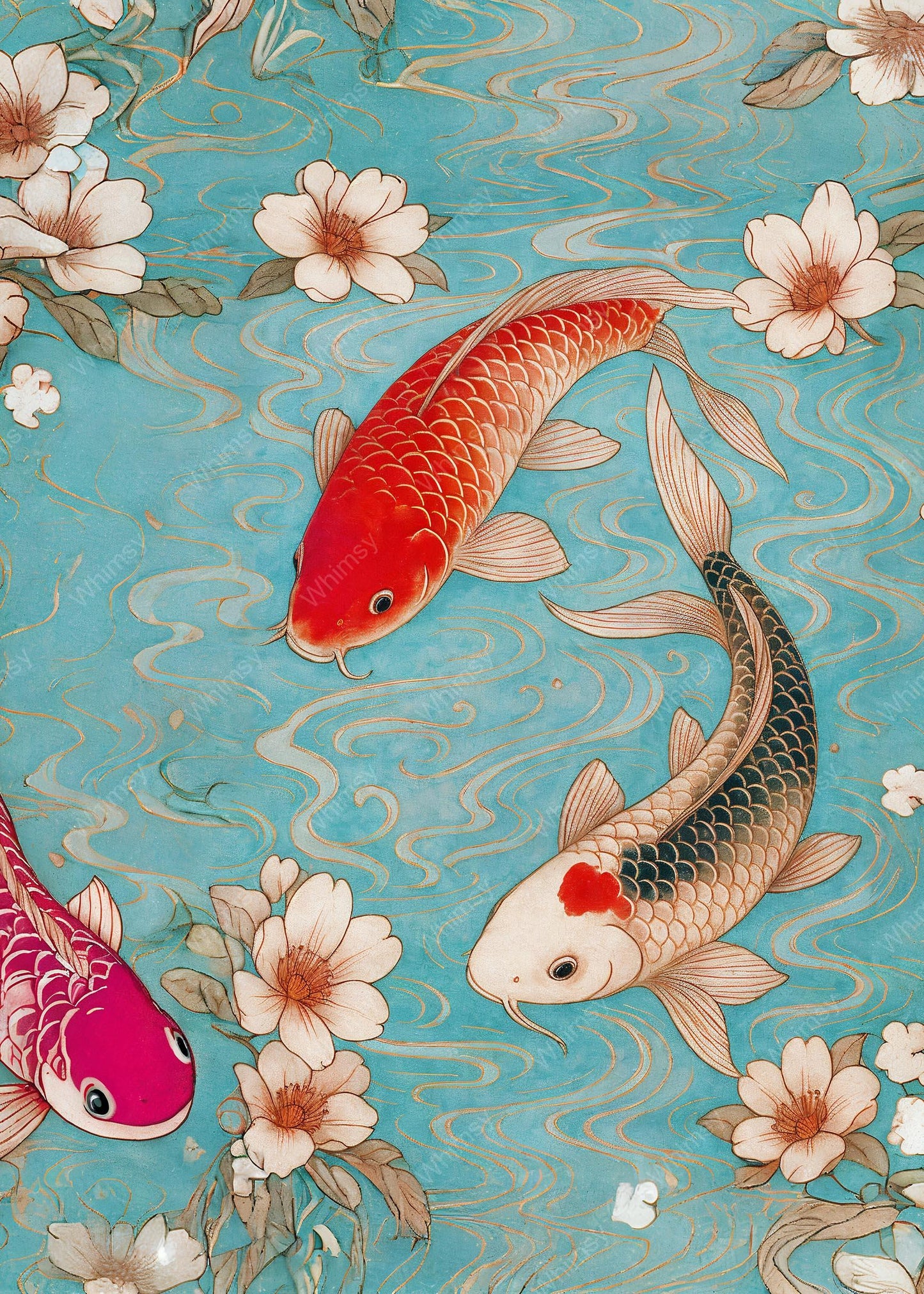 Painterly koi fish in red, white, and orange with delicate floral overlays in a stylized Japanese composition
