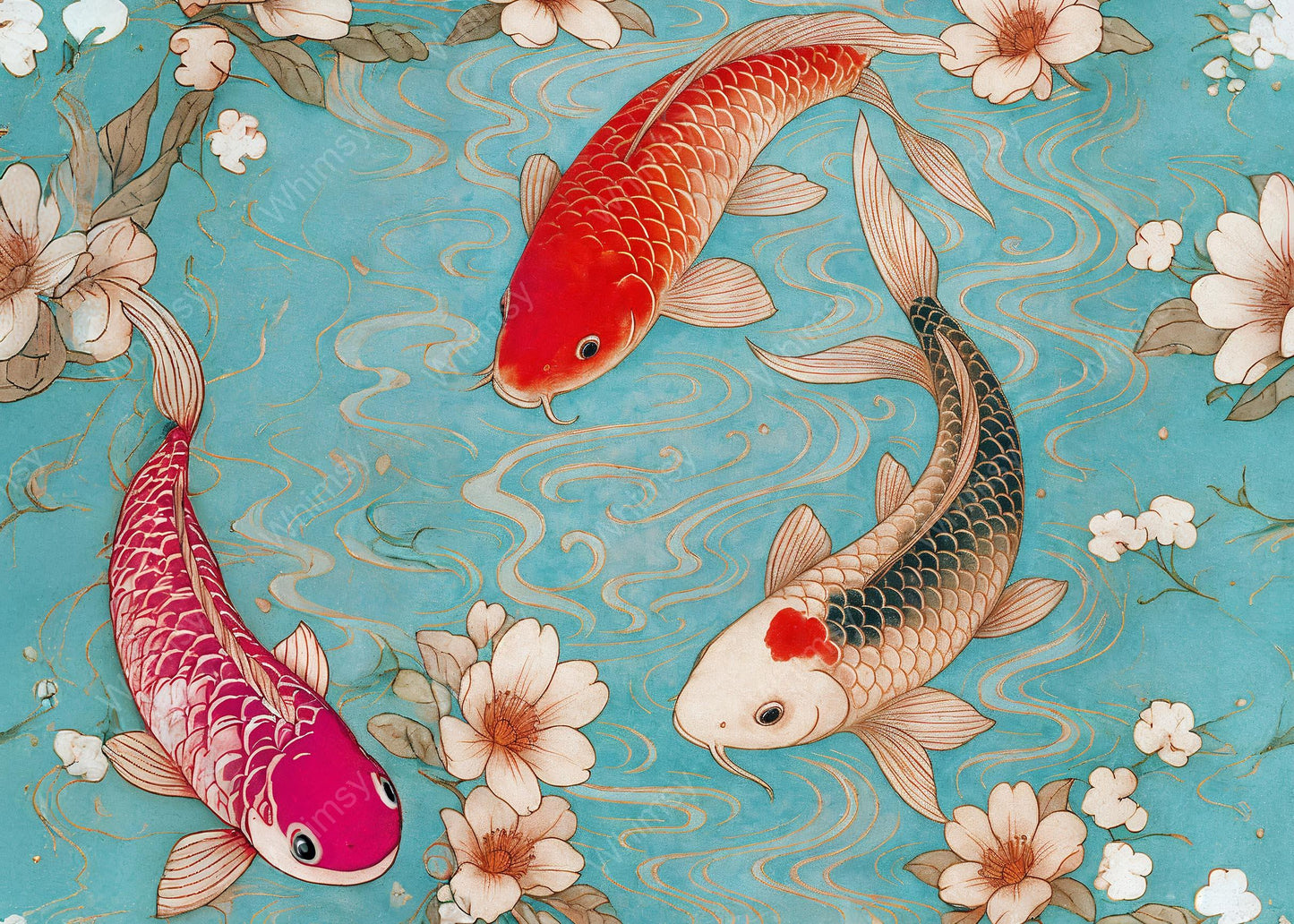 High-resolution koi fish print for decoupage, featuring curved layout and background texture in soft blues and golds