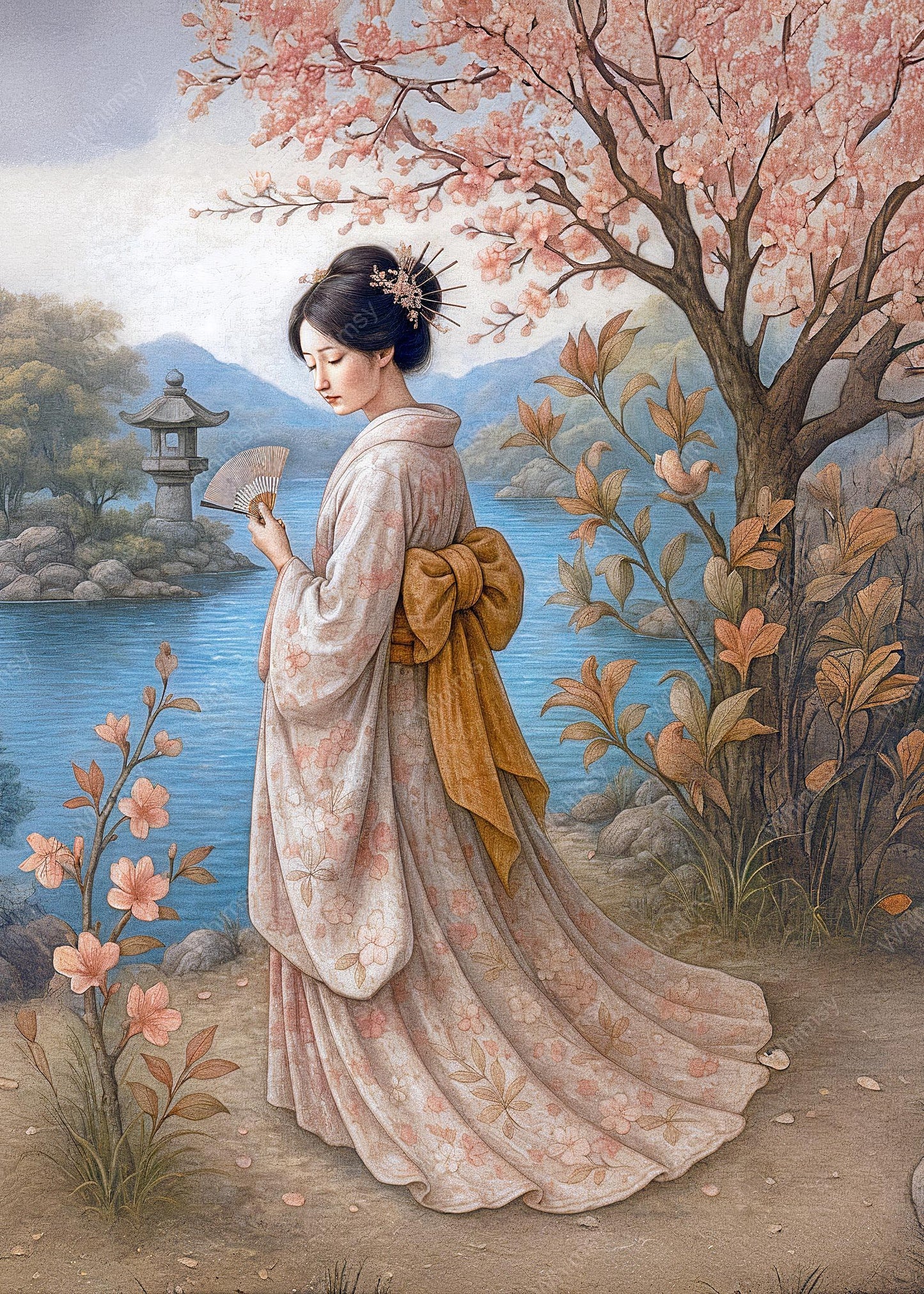 A graceful woman in traditional kimono stands by a serene lake, framed by cherry trees and soft petals, fan gently raised