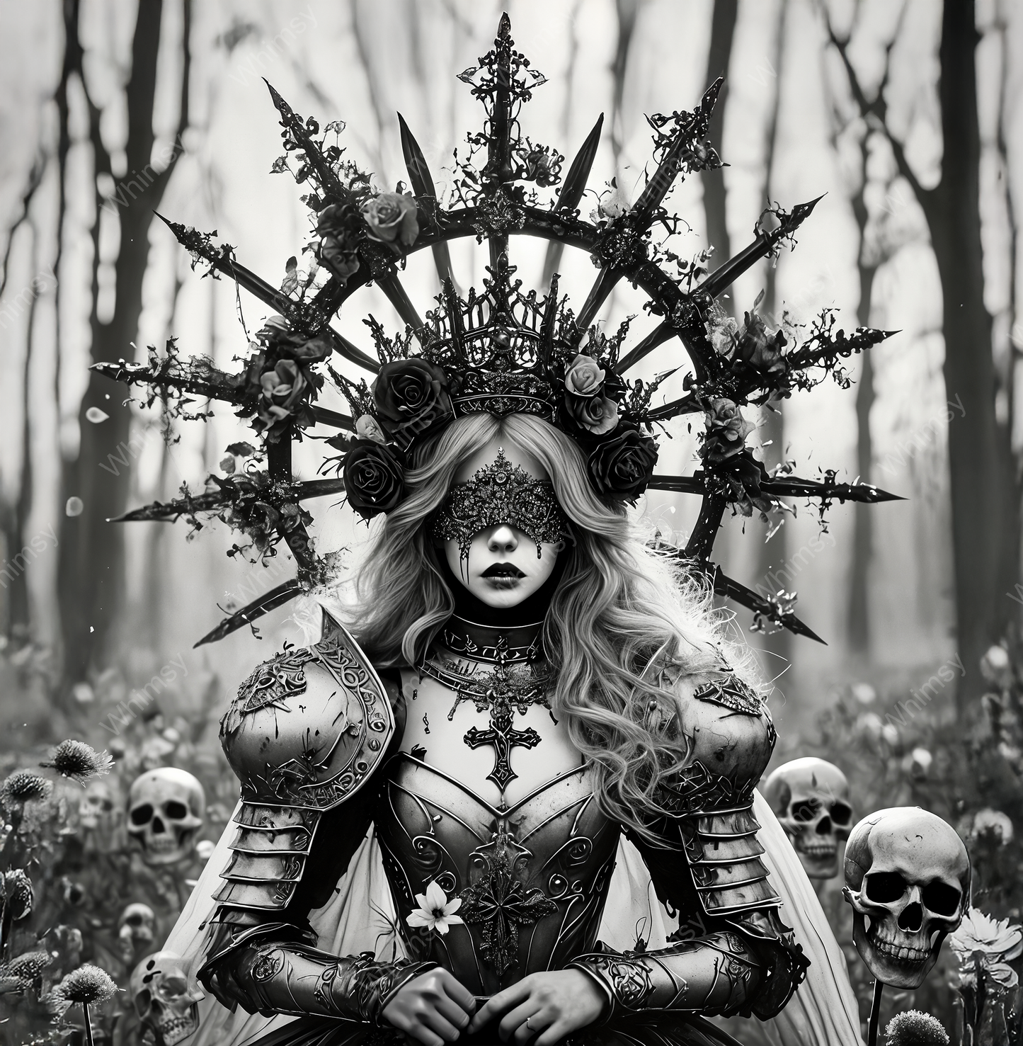 Gothic warrior queen Seraphra in armor and rose-thorn crown, eyes veiled and surrounded by skulls
