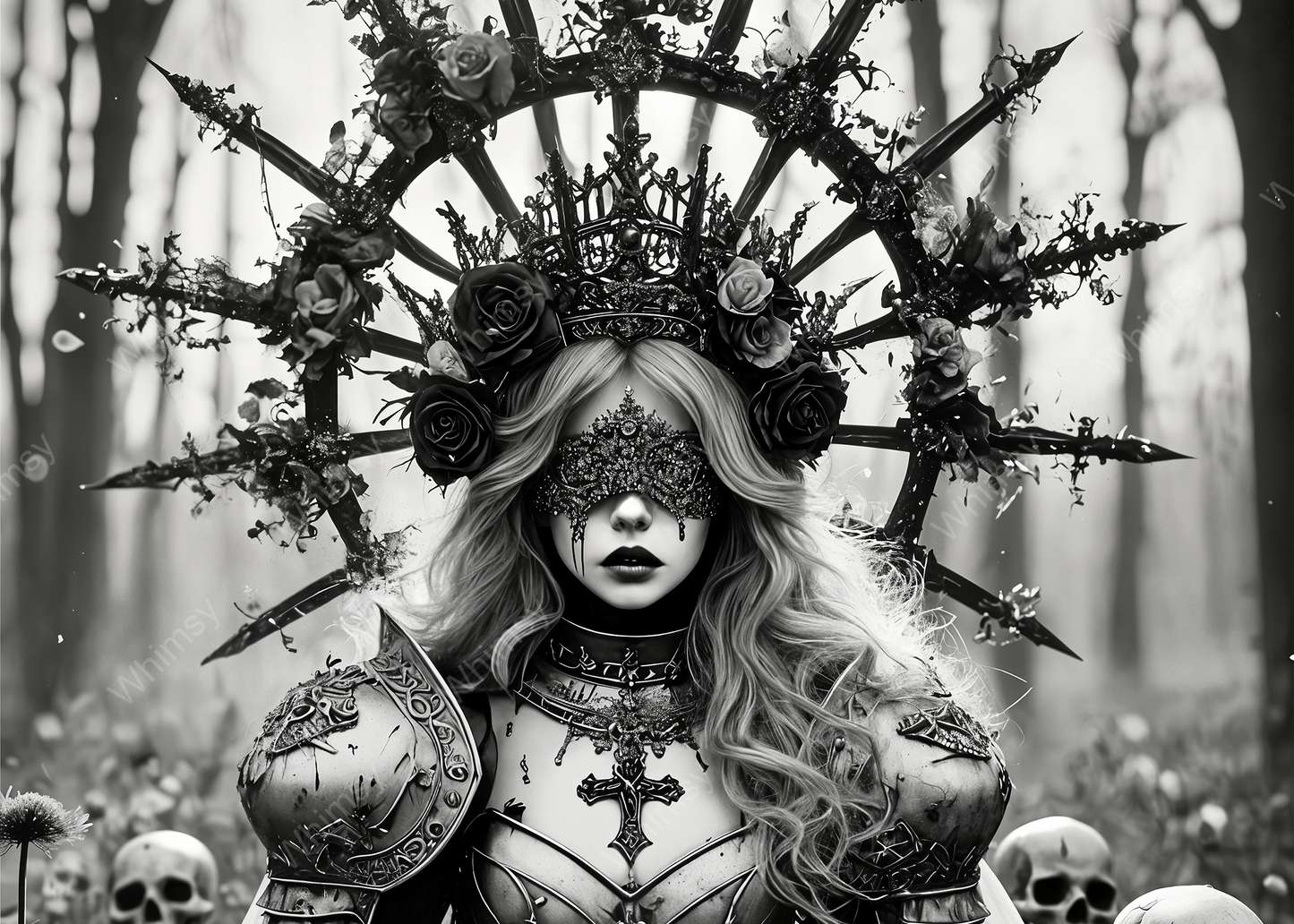 Dark fantasy print of armored woman with gothic cross, thorns, and skeletal background