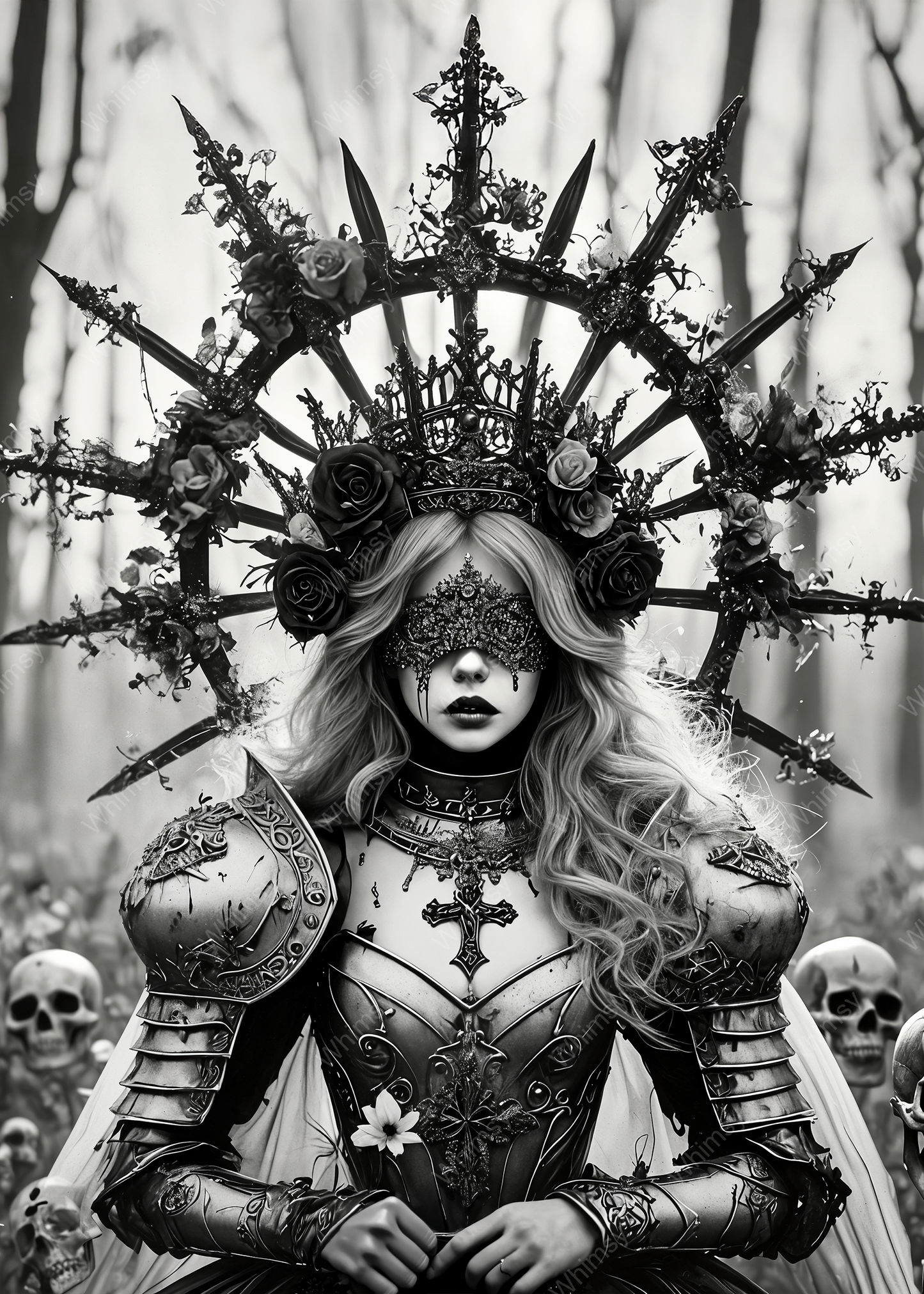 Fantasy decoupage image of a blindfolded gothic saint in ornate metalwork and floral halo