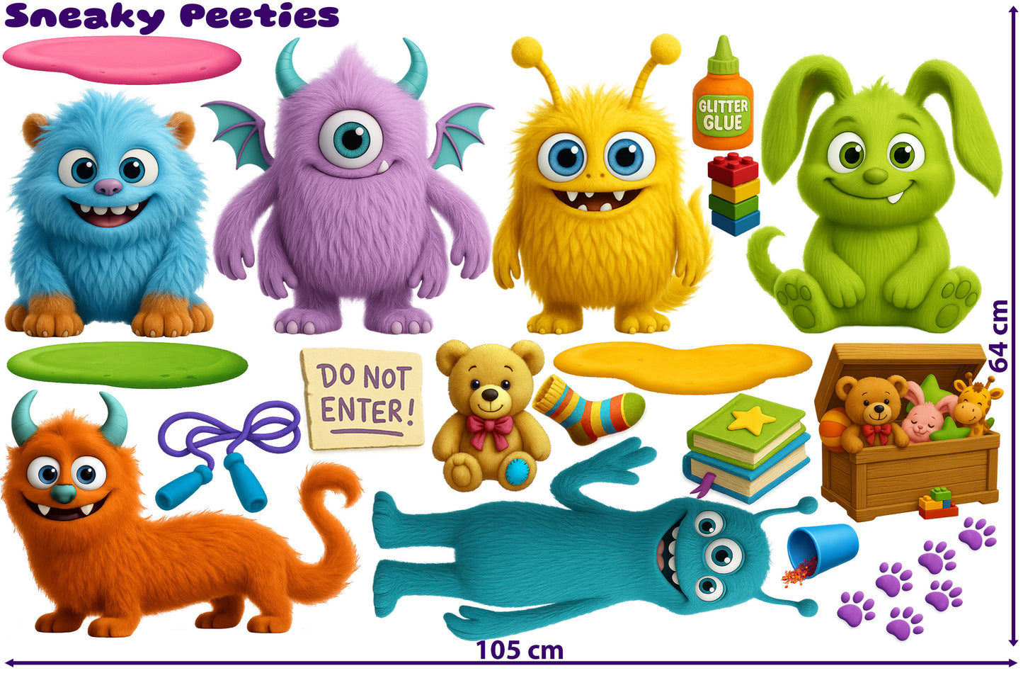 Detail of a mischievous Little Lurker monster sticker with wide eyes and soft claws, printed on PhotoTex™ for a high-quality, removable finish.