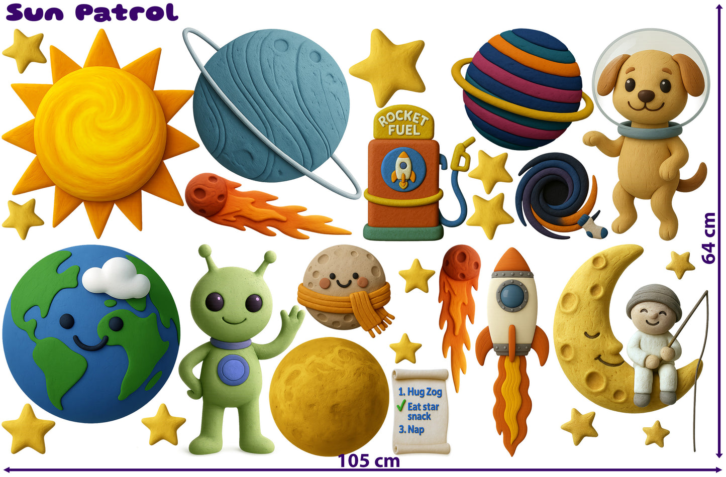 Close-up of sculpted sun and moon stickers from the Claystronauts set, showing phototextured clay details and smiling expressions r printed on removable Phototex.