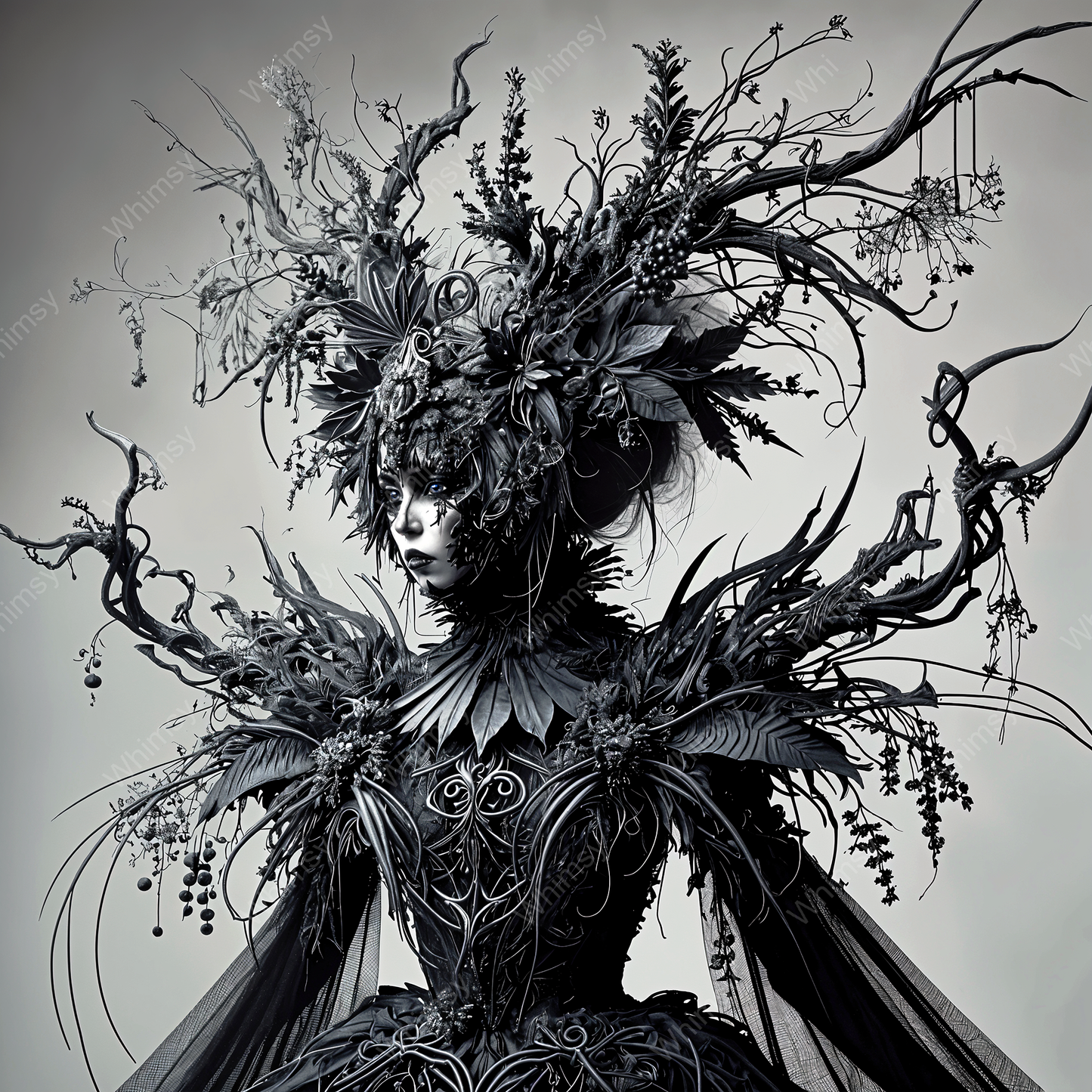 Dark fantasy decoupage artwork of Thornveil, a gothic forest queen adorned in twisted vines and botanical headpiece