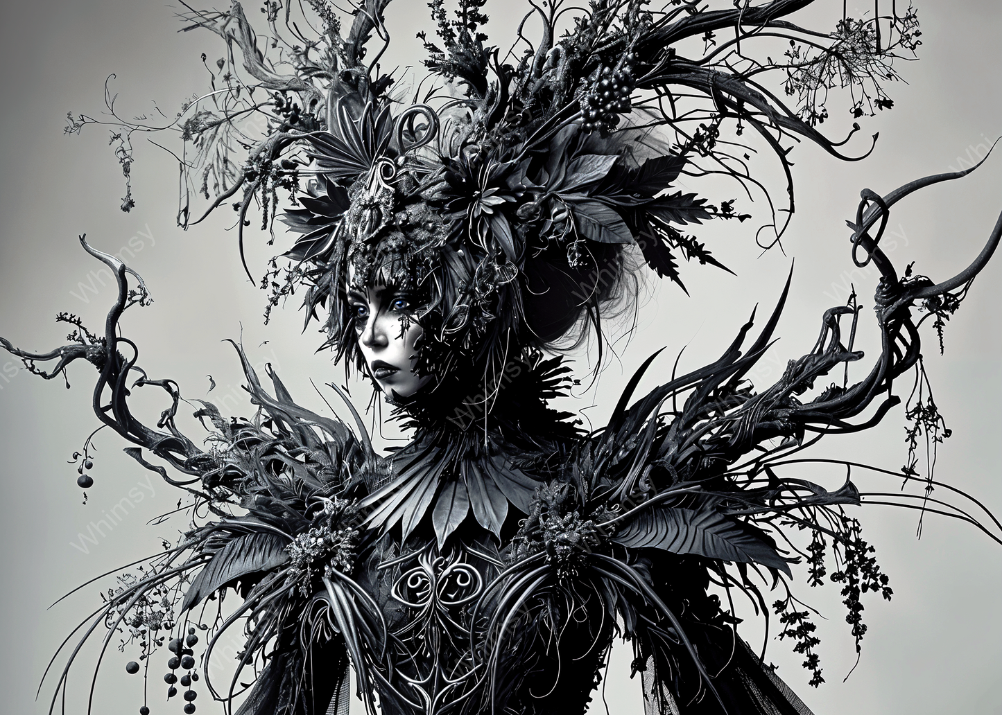 Whimsical decoupage image featuring a shadowy forest queen figure entwined in floral and vine textures