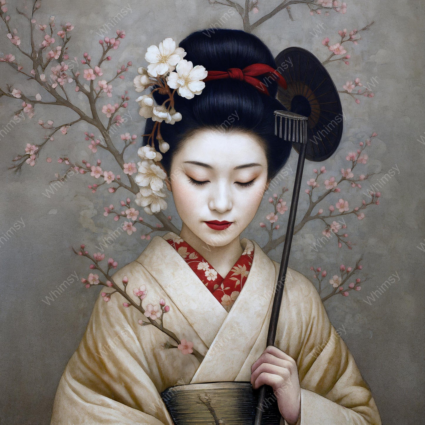 Japanese portrait of a woman in a pale kimono holding a fan and flower branch, set against a soft cherry blossom background