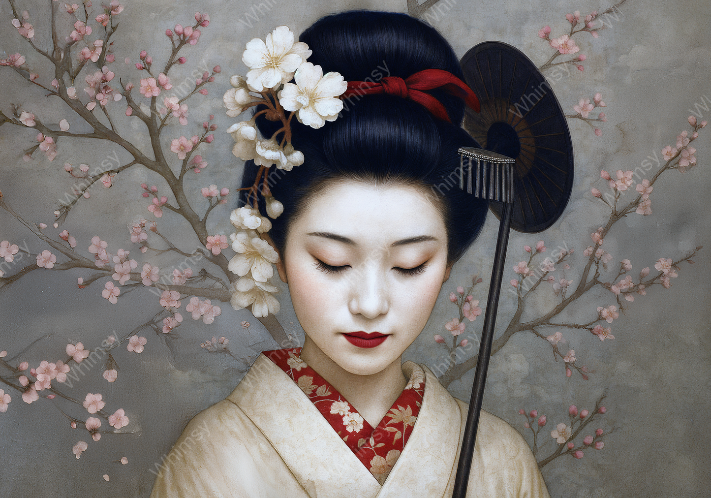 Extra-large printable decoupage image featuring a geisha-style figure with floral and parasol details in soft neutral tones