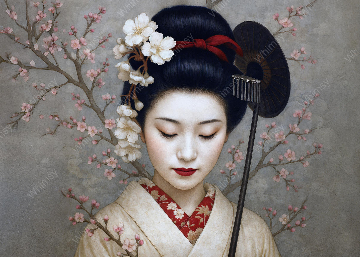 Extra-large printable decoupage image featuring a geisha-style figure with floral and parasol details in soft neutral tones