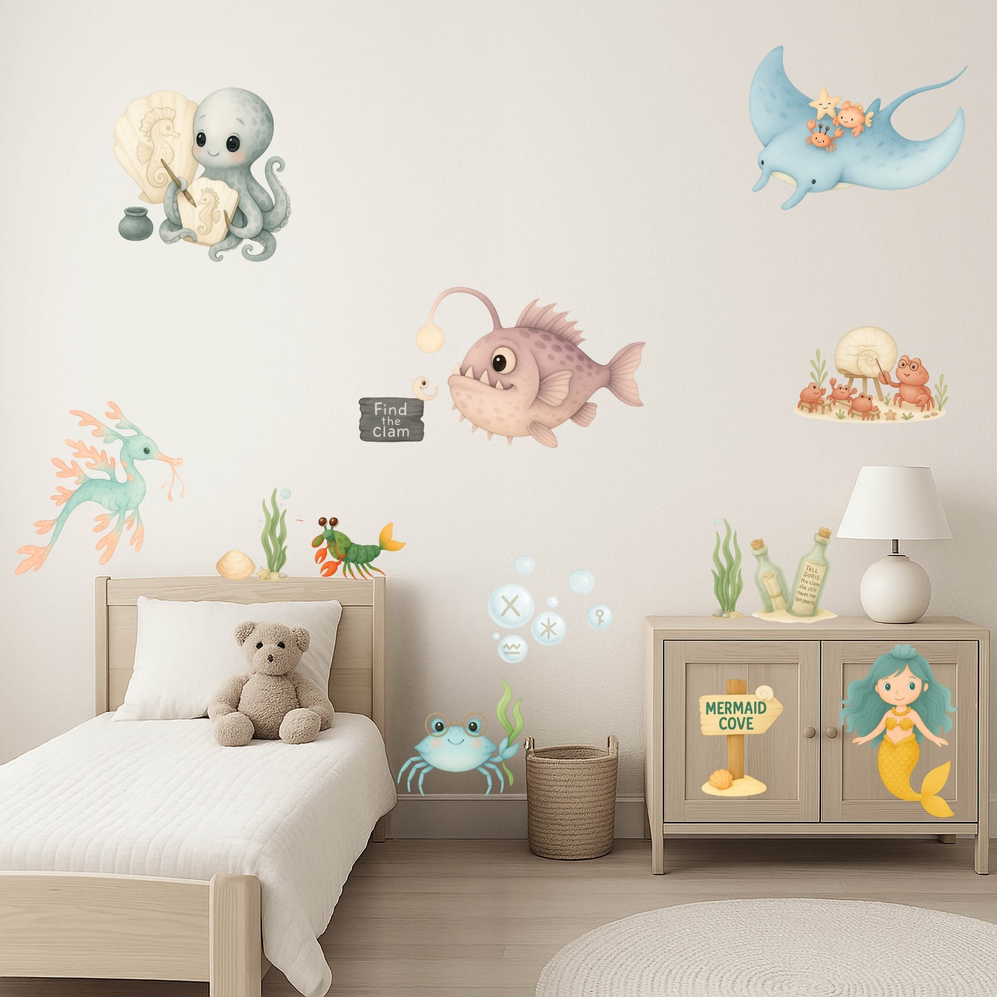 Under the Sea wall stickers in a child’s bedroom featuring pastel marine animals, including octopus, lantern fish, mermaid, and stingray