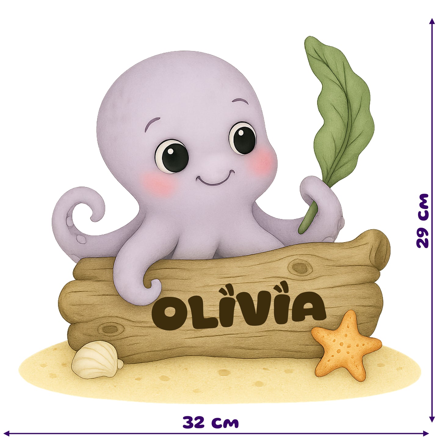 A cute cartoon octopus with big round eyes and a sweet smile peeks out from behind a weathered driftwood log resting on a soft sand patch. One tentacle wraps around a green seaweed leaf held like a flag, while a seashell and starfish sit beside the log. The scene is rendered in soft pastel tones with a charming, hand-drawn style.