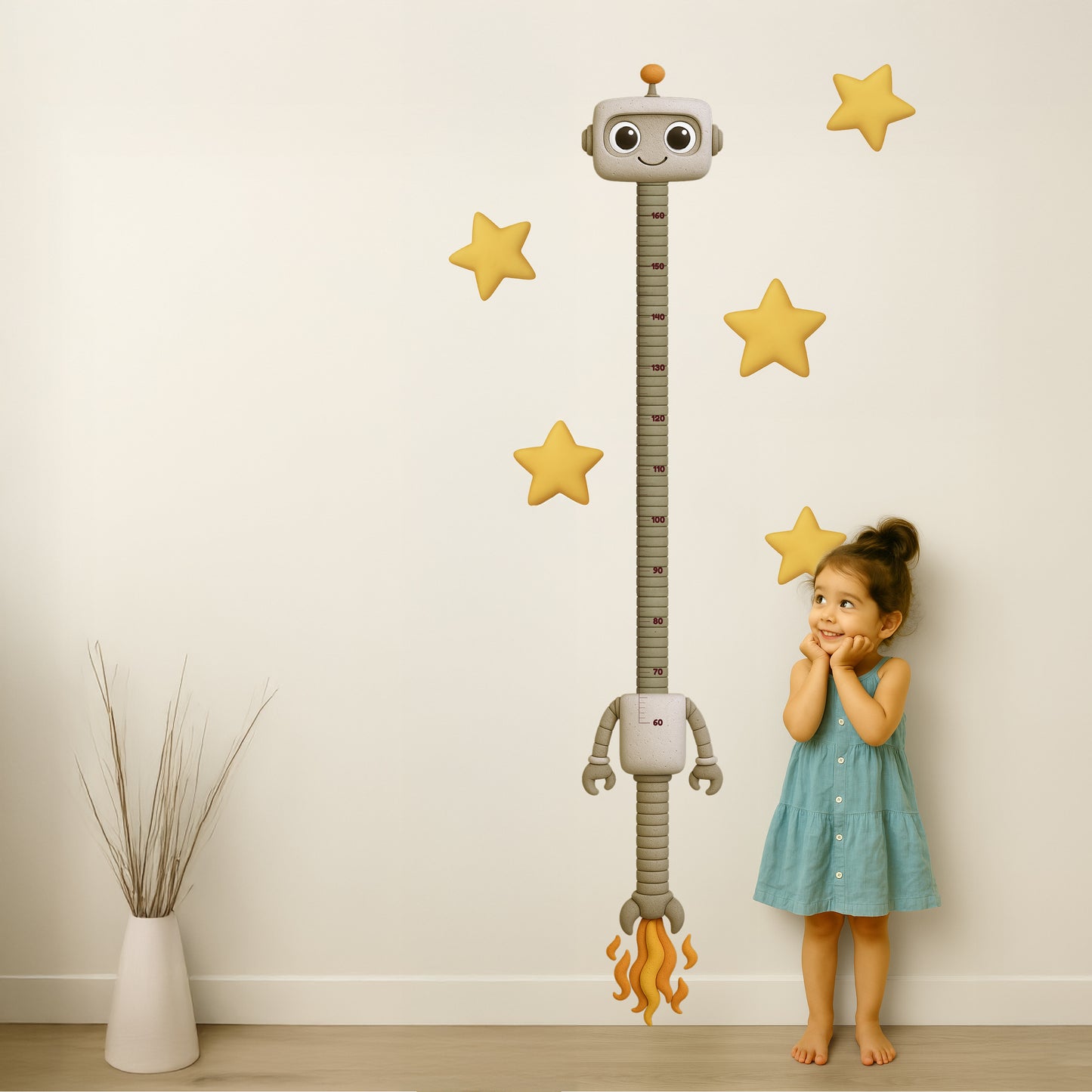 Young girl in a blue dress standing barefoot beside a whimsical robot height chart decal with stars in the background. The robot's long, segmented neck displays height measurements from 60 to 170 cm, with its head at the top and rocket flames at the bottom.
