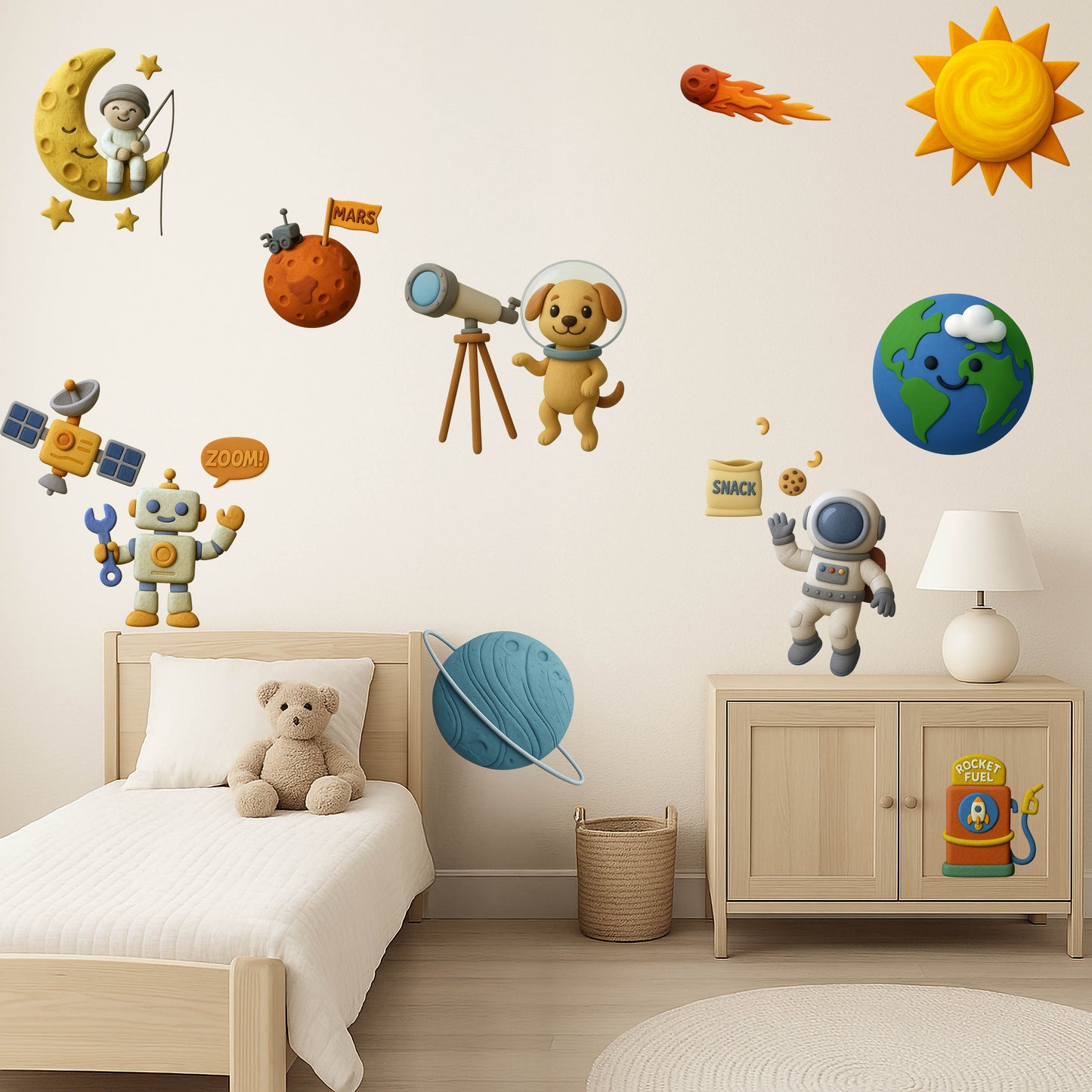 Whimsical clay-style space stickers arranged on a child's bedroom wall featuring planets, astronauts, and a smiling moon.