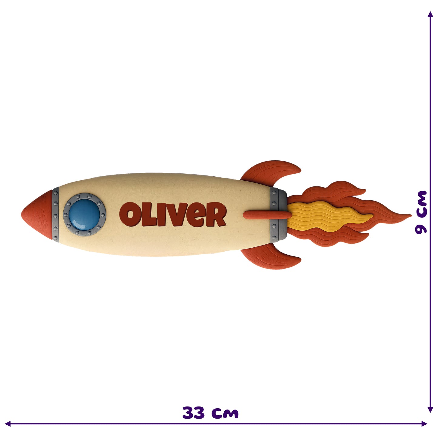 Custom name PhotoTex sticker of a cartoon rocket ship with a cream body, red fins, orange-yellow flames, a round blue window, and the name 'Oliver' in bold red letters on the side.