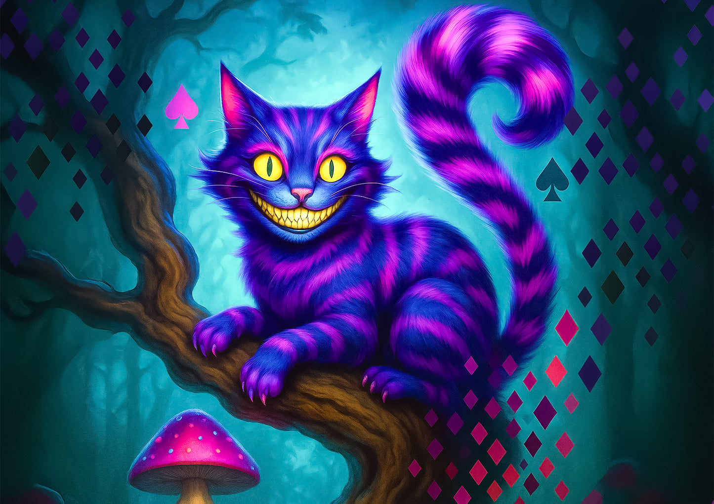 Colorful cheshire cat with a playful expression on a magical background