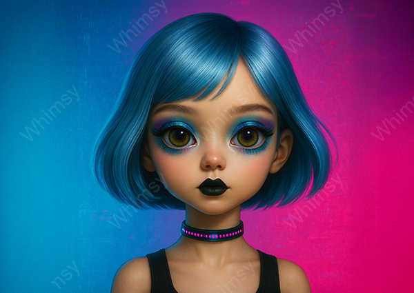 Surreal cyberpunk doll portrait named Xena featuring electric blue hair and haunting gold eyes, printed on mulberry rice paper for large-scale decoupage projects.